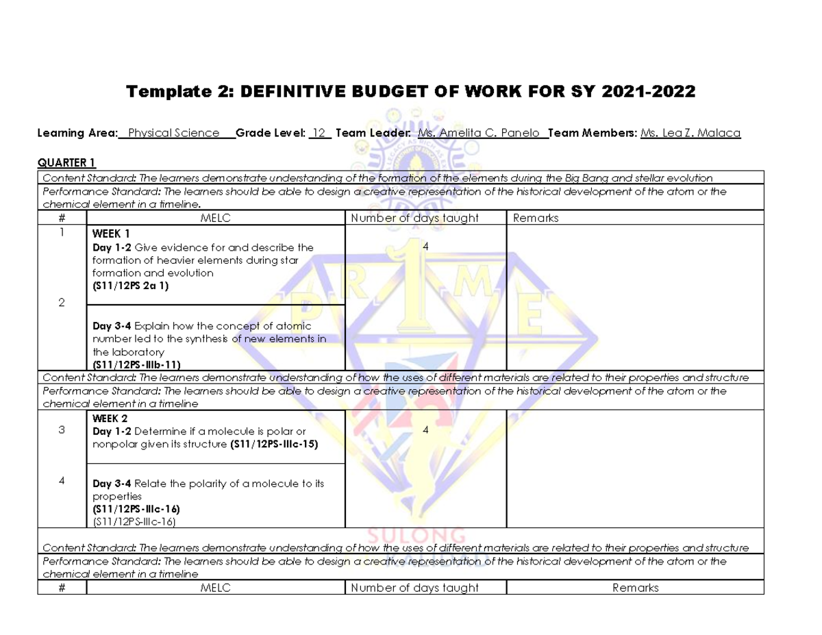 DBOW Physical Science Grade 12 Budget of Work for SY 2021-2022 - Studocu