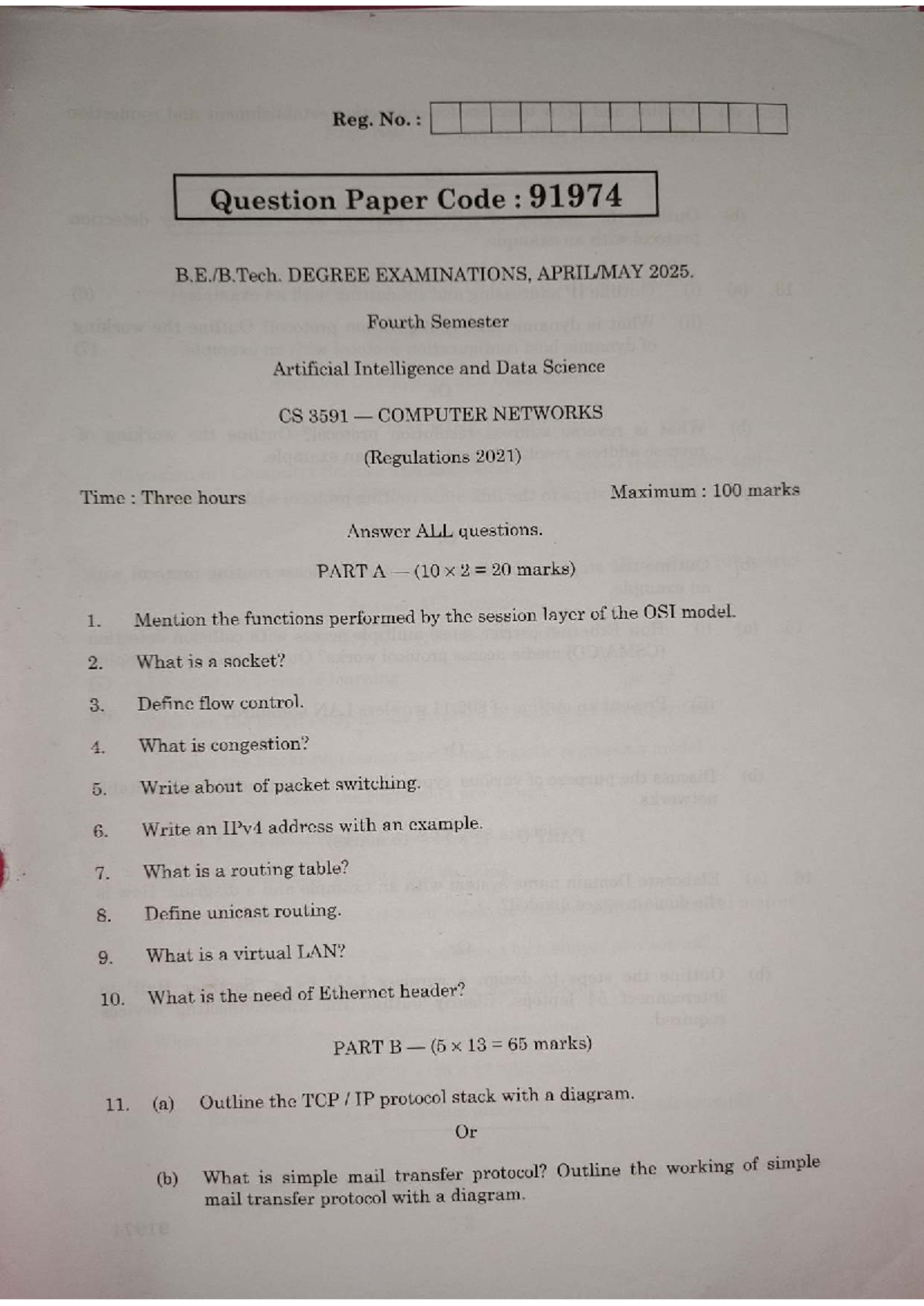 CS3591 Final Exam: Computer Networks Question Paper 2025 - Studocu