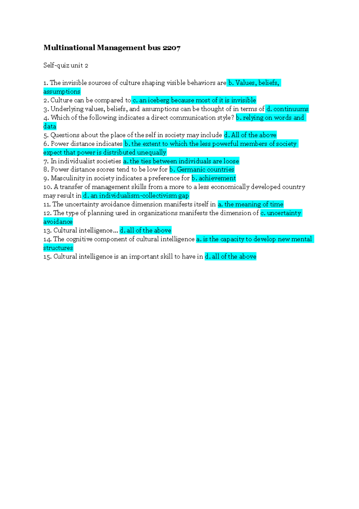 Multinational Management bus 2207 self quiz 2 - Multinational ...