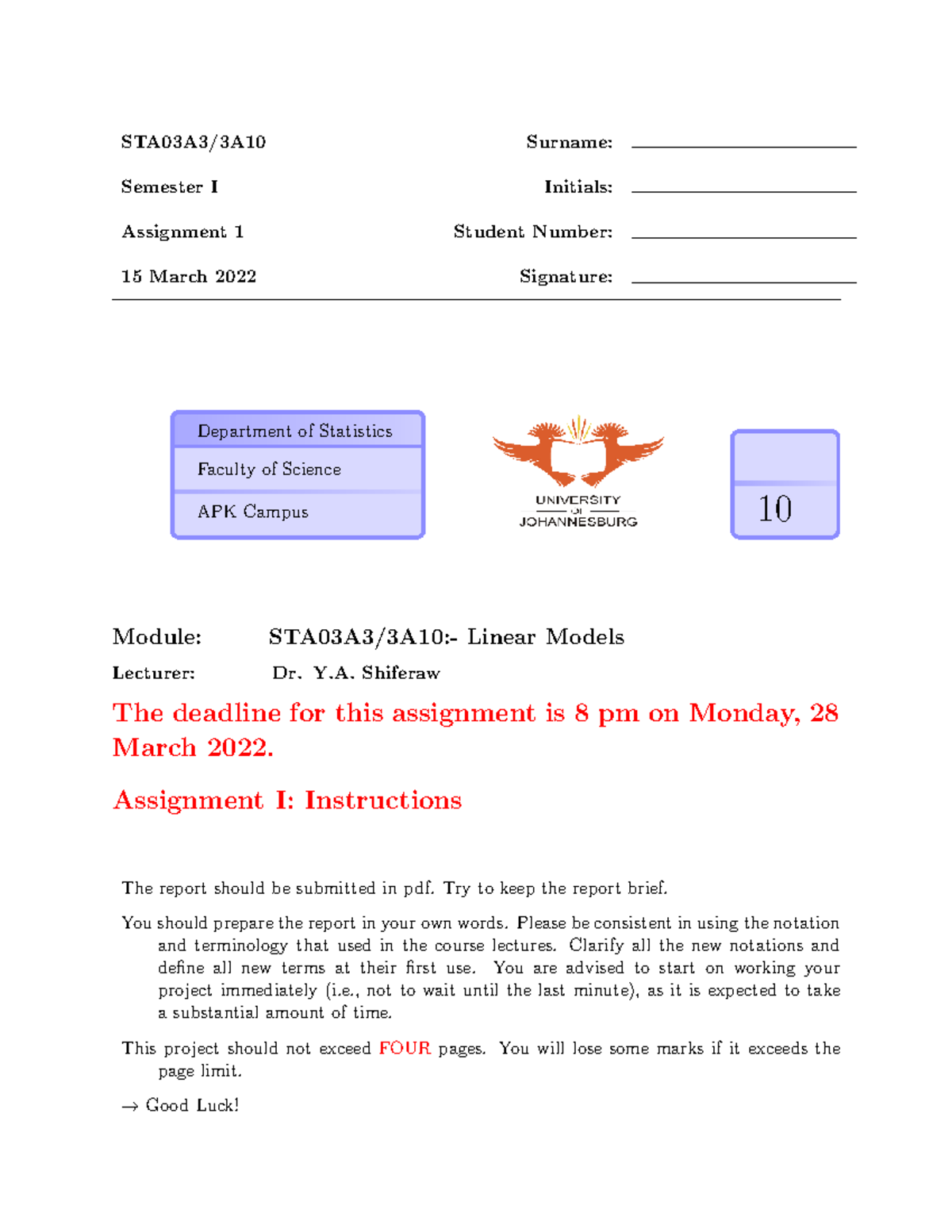 STA03A3 Assignment 1: Linear Models Project Guidelines - Studocu