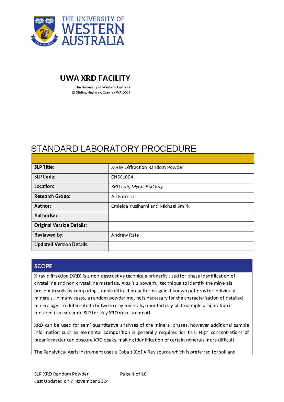 ENSC1004-SLP: Standard Lab Procedure for XRD Random Powder Analysis ...