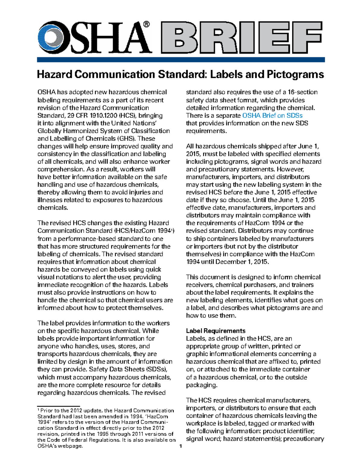 OSHA Brief: Hazard Communication Standard Labels & Pictograms - Studocu