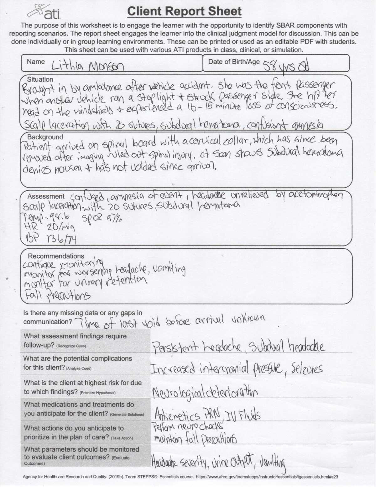 ATI SWIFT RIVER Client Report Sheet for Lithia Monson - Studocu