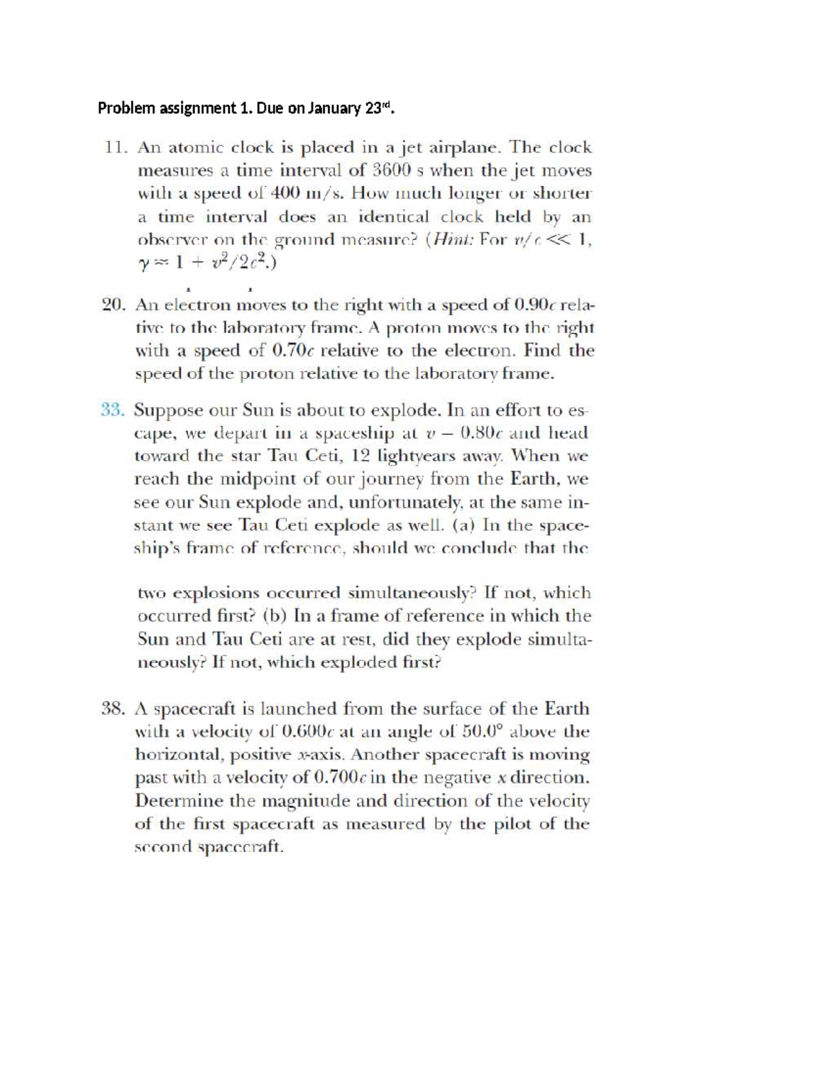 Assignment 01 Problem Set On Relativity And Time Dilation Studocu