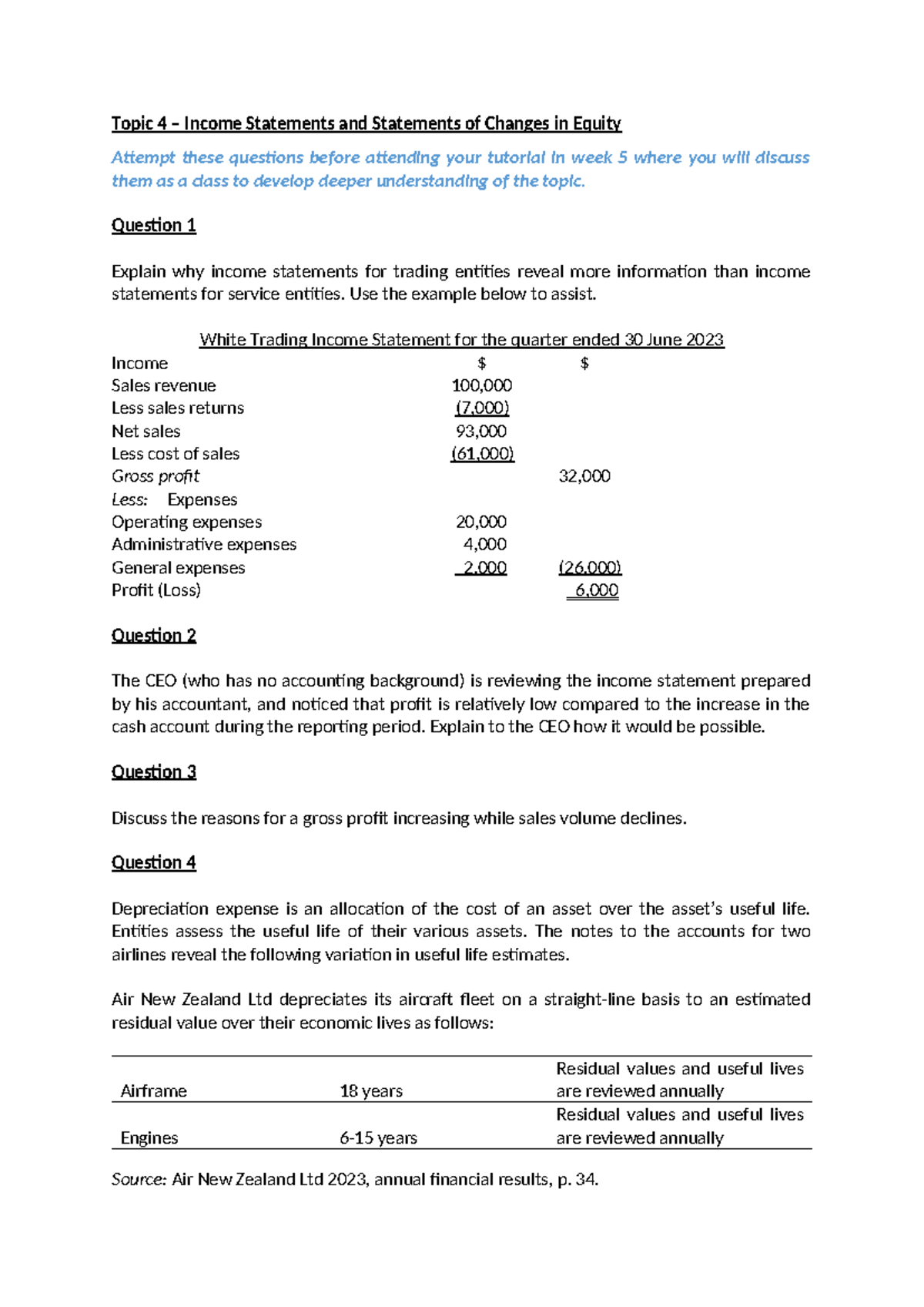 Topic 4 Tutorial Exercises - Topic 4 – Income Statements and Statements ...