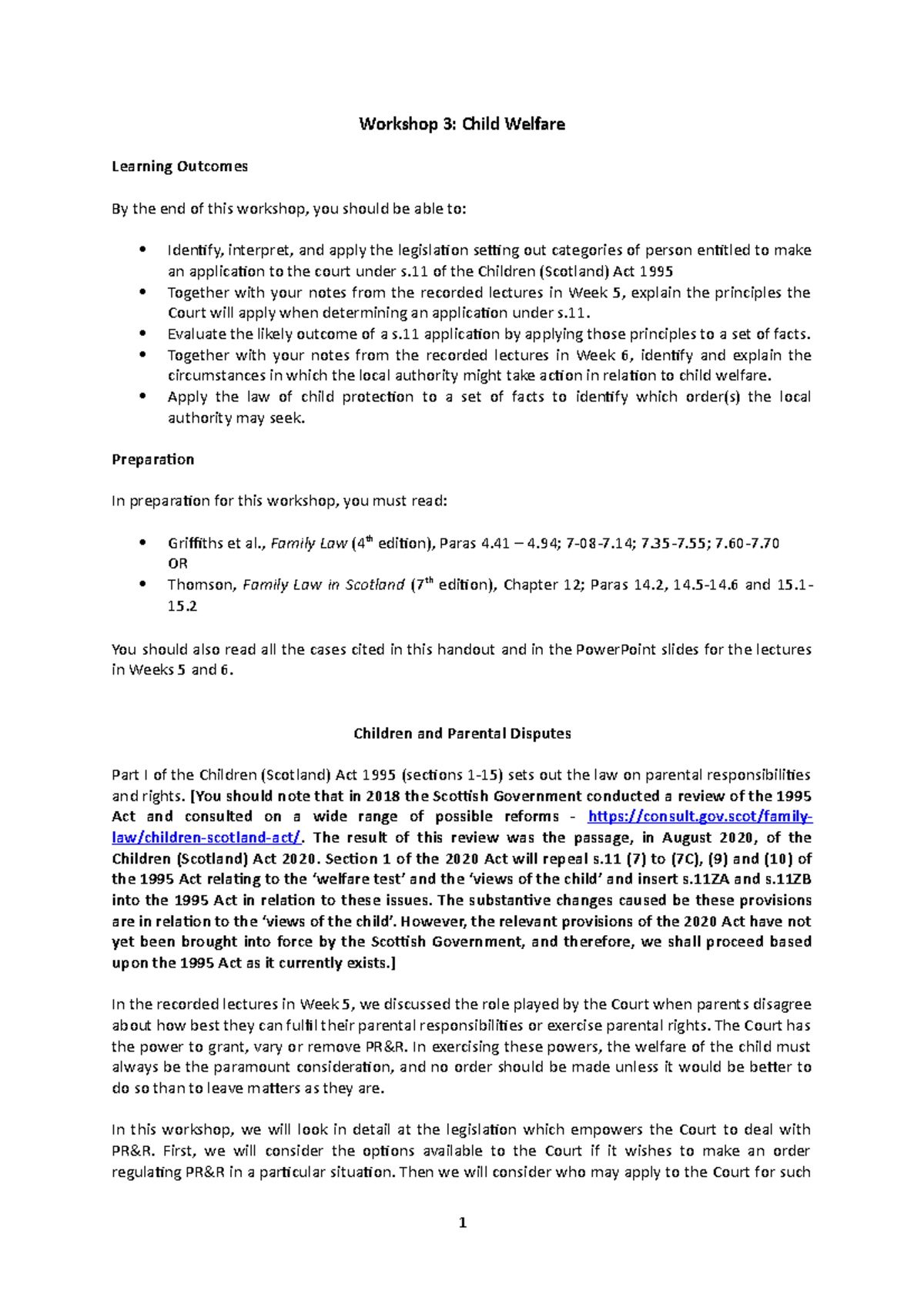 Workshop 3 - Family Law Tutorial Questions on Child Welfare Issues ...