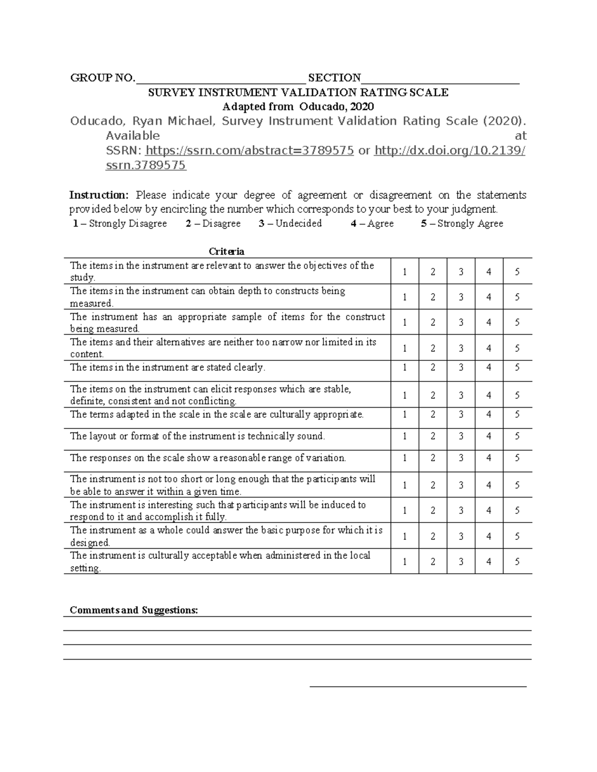 Survey Instrument Validation Rating Scale - Group No. and Section Info ...