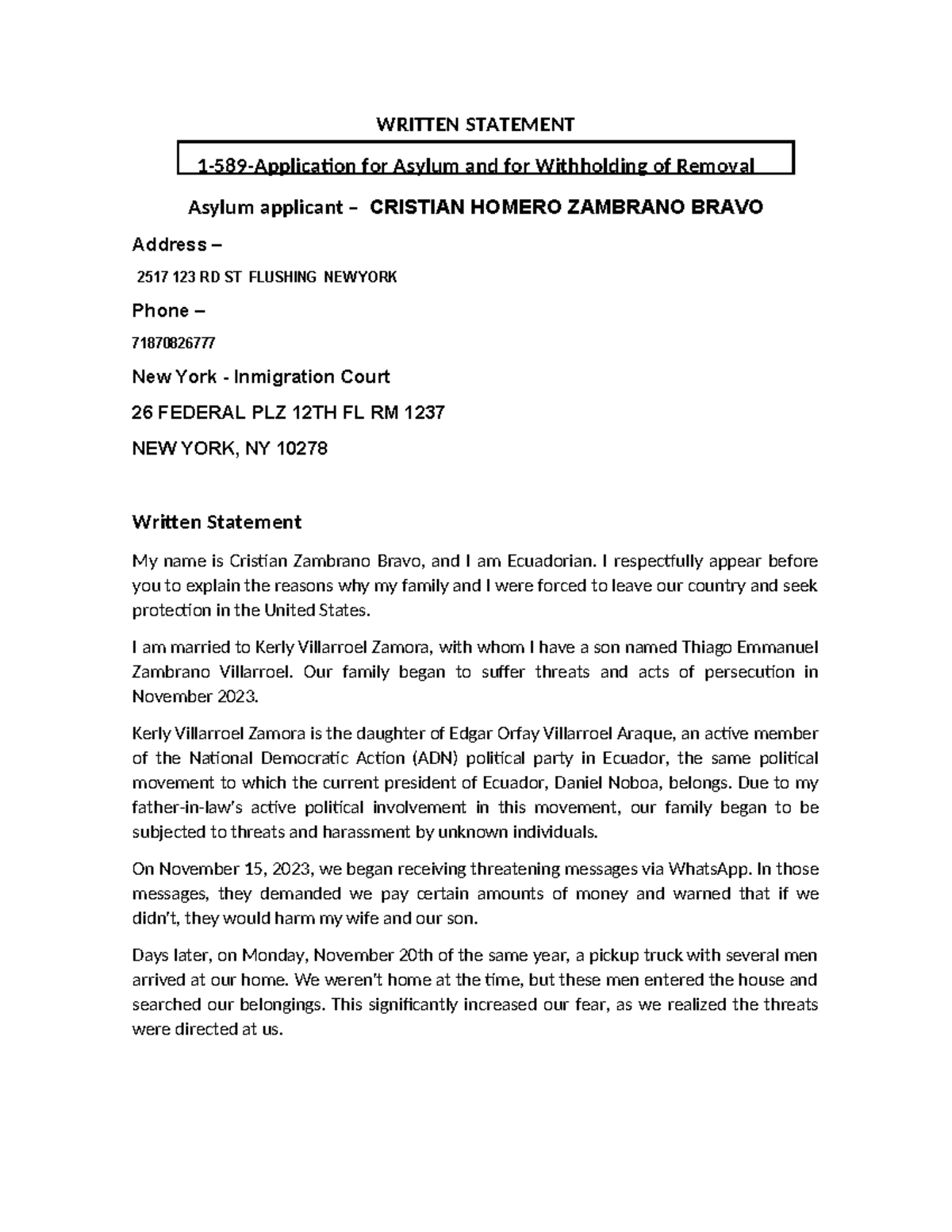 Asylum Written Statement for Cristian Homero Zambrano Bravo - Studocu
