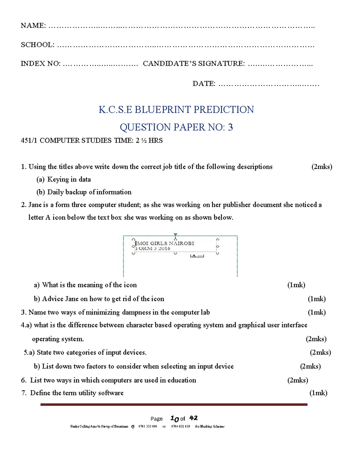 Form 4 Computer Studies K.C.S.E Exam Prediction Paper No. 3 - Studocu