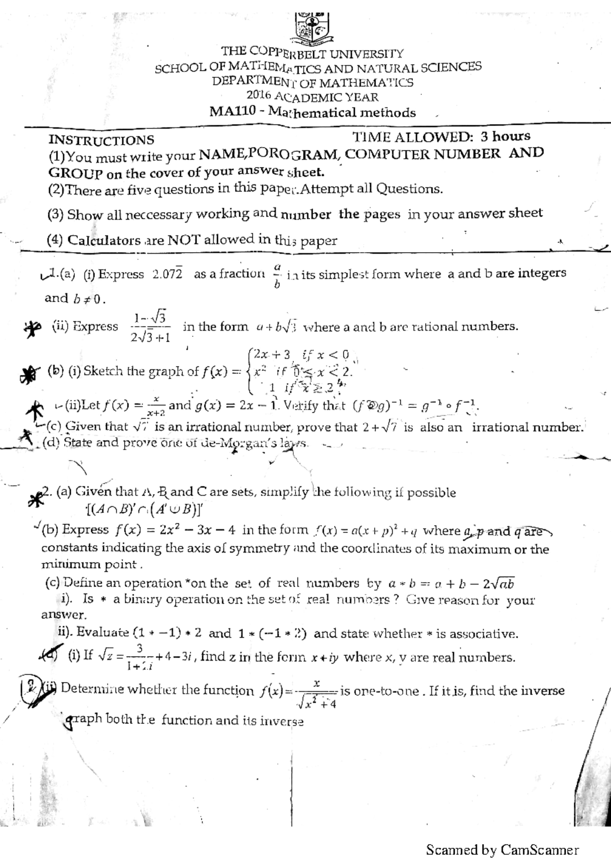 MA 110 Mathematical Methods Test 1 Questions and Guidelines 2016 - Studocu