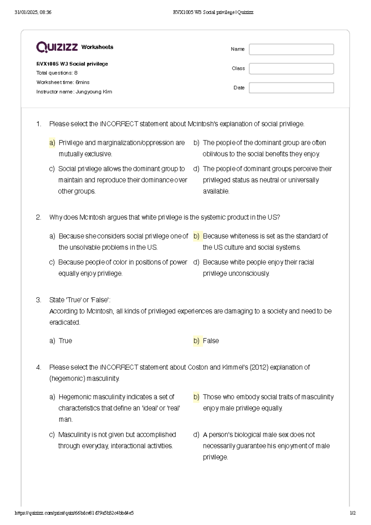 RVX1005 W3 Social privilege Quizizz - Worksheets RVX1005 W3 Social ...