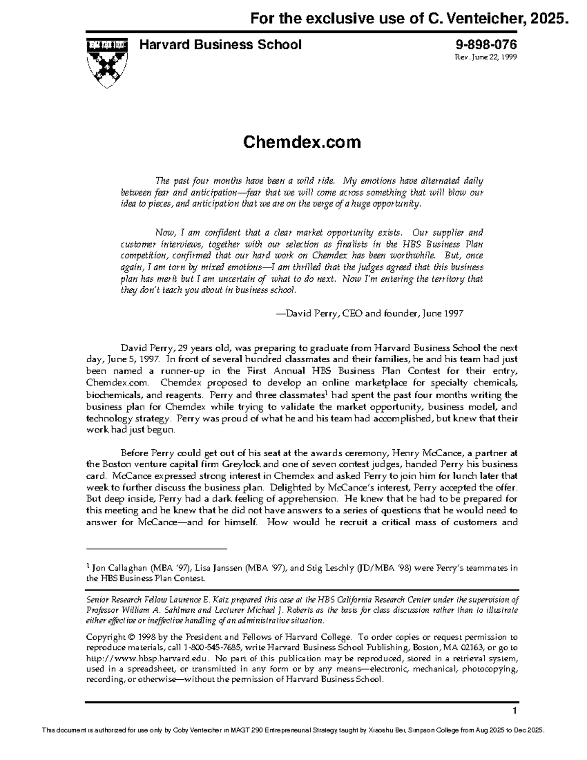 Chemdex Business Plan for MAGT 290: Entrepreneurial Strategy Finals ...