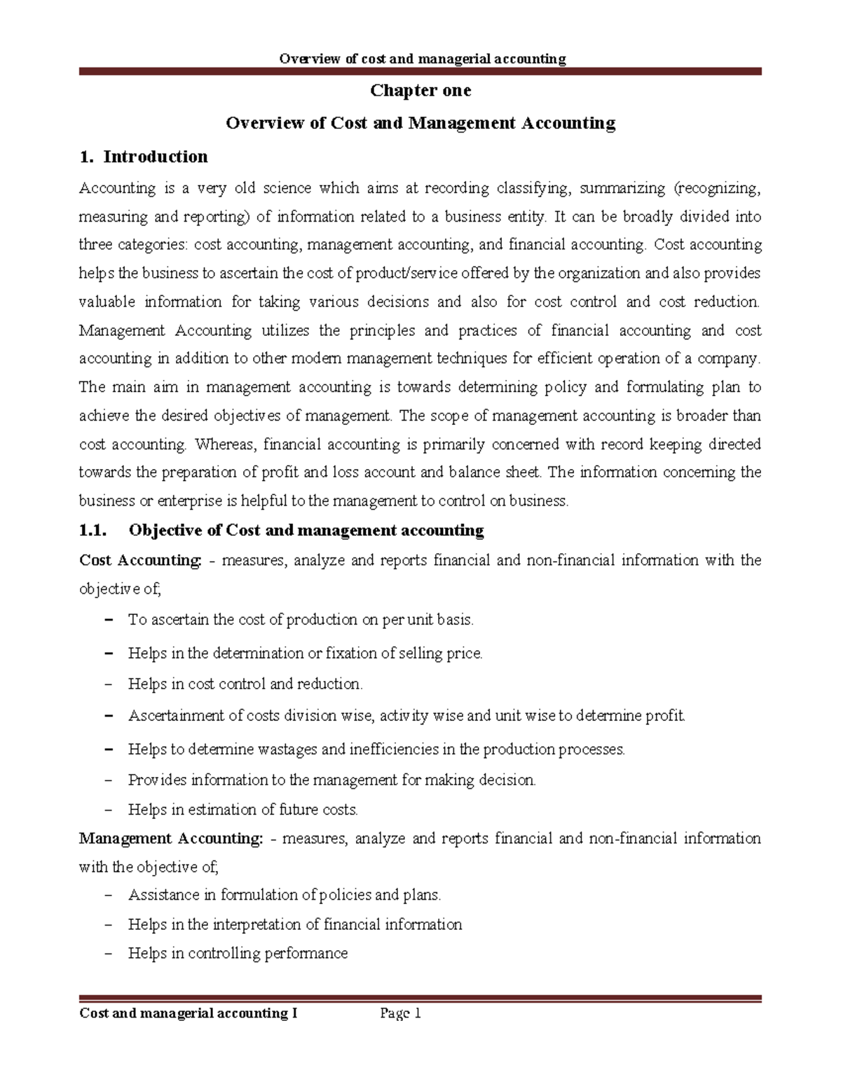 Cost and Management Accounting I: Chapter 1 Overview and Key Concepts ...