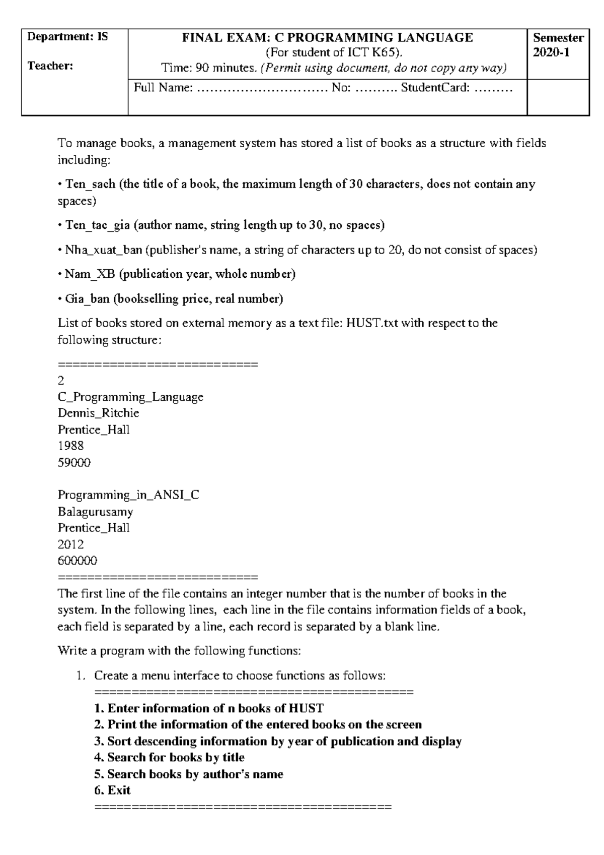 Exam C Programming Language 2020-1-English - Department: IS Teacher ...