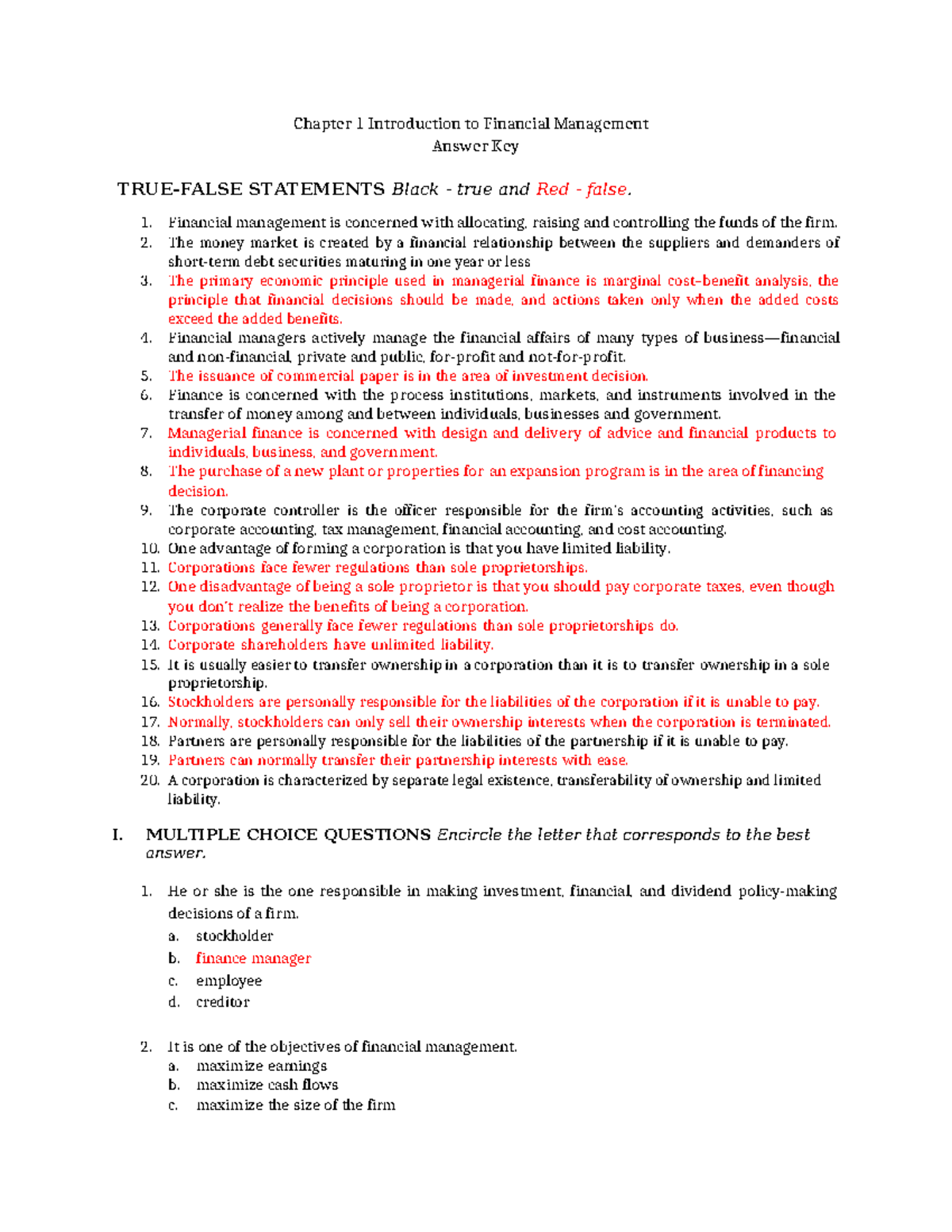 Chapter 1 Answer Key: Introduction to Financial Management (FIN 101 ...