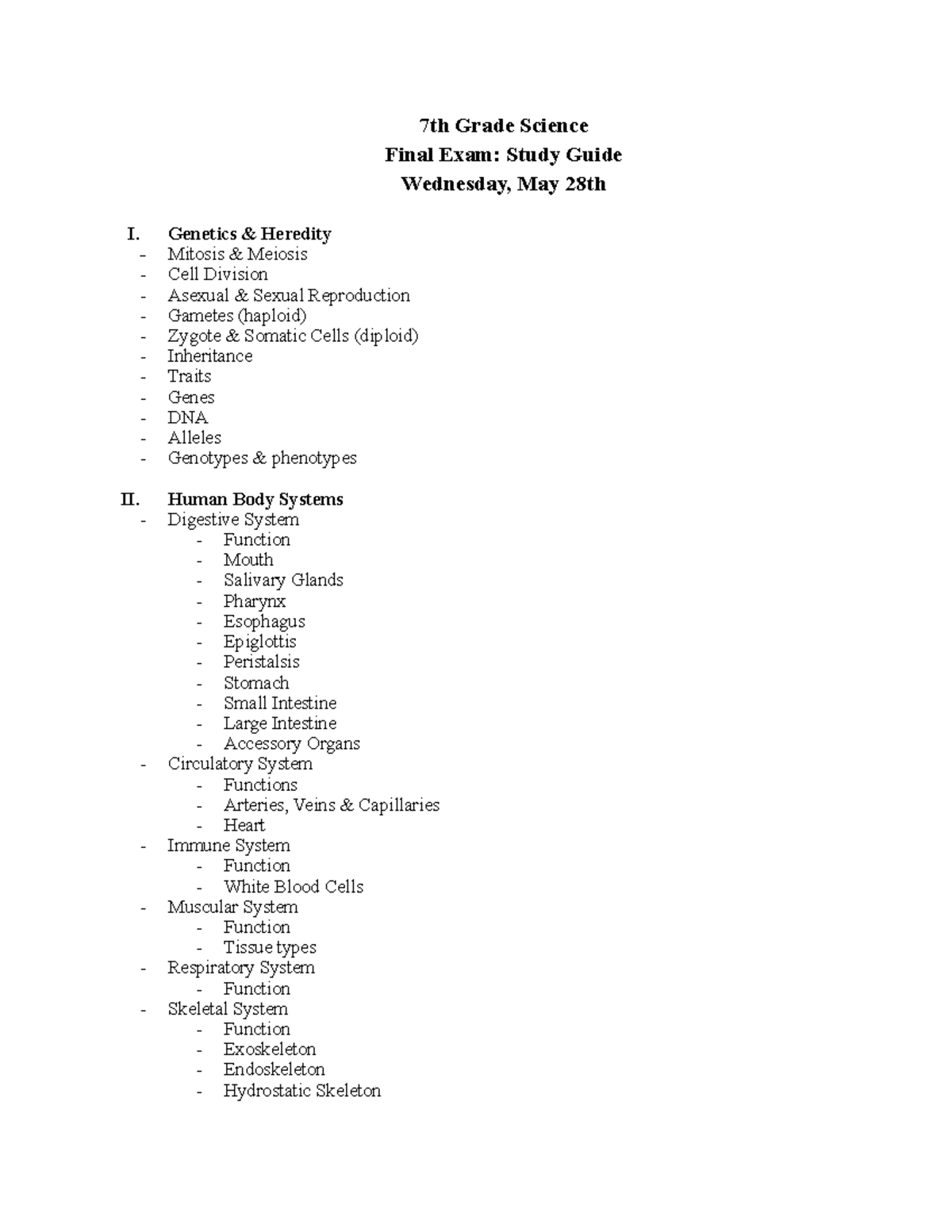 7th Grade Science Final Exam Study Guide: Genetics, Systems & Ecology ...