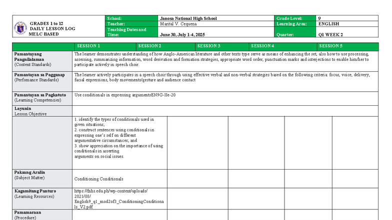 MELC-Based Daily Lesson Log for Grade 9 English Q1 Week 2 - Studocu