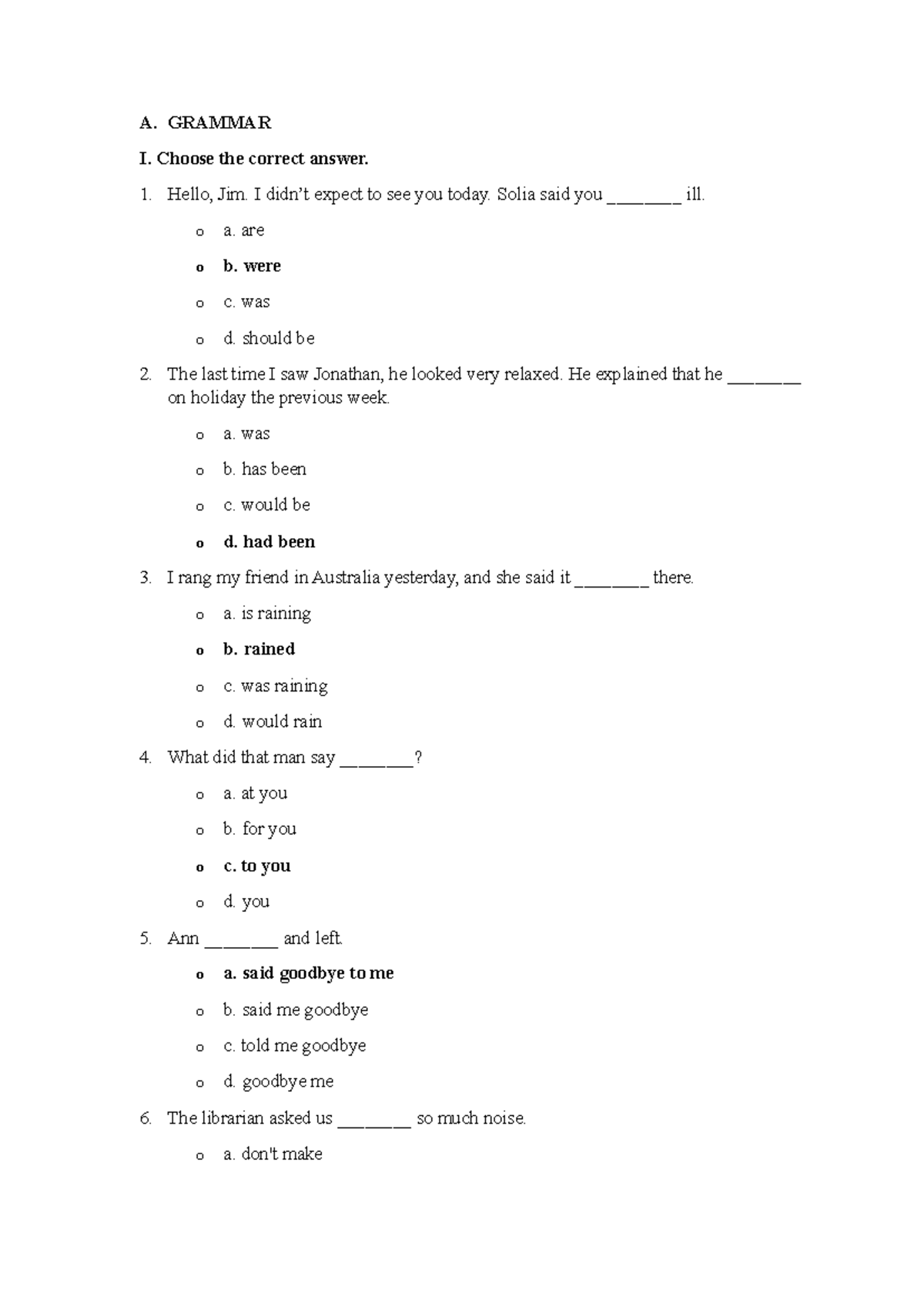 Grammar I: Correct Answer Choices and Sentence Transformations - Studocu