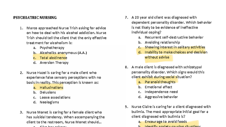 CA-Psych: Psychiatric Nursing Exam Review and Case Scenarios - Studocu