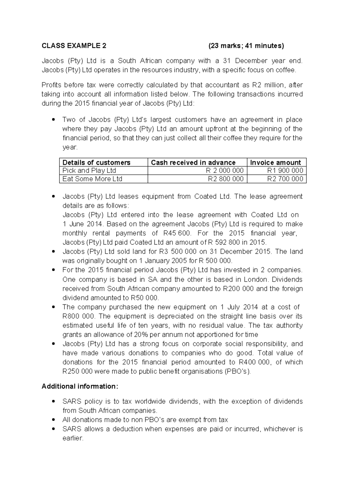 Class Example 2: Current Tax Analysis for Jacobs (Pty) Ltd - Studocu