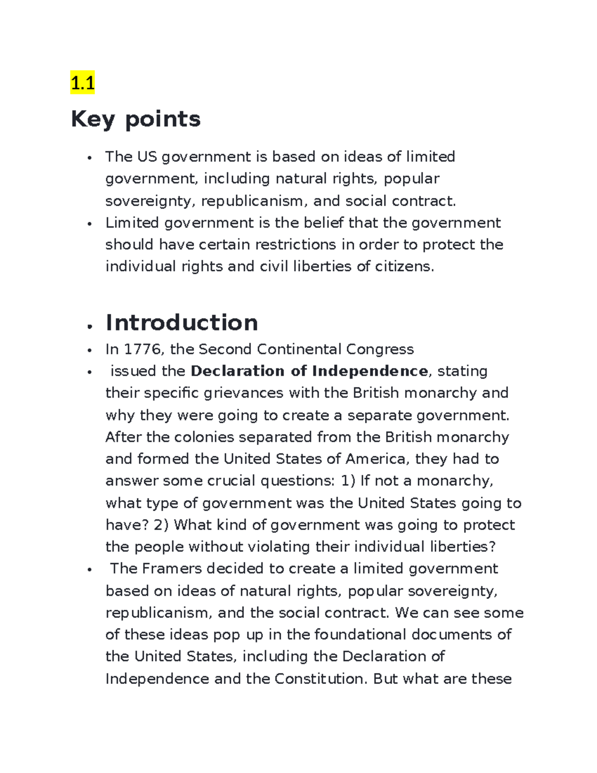 US Government Foundations: Limited Gov, Rights & Democracy (UNIT 1 ...