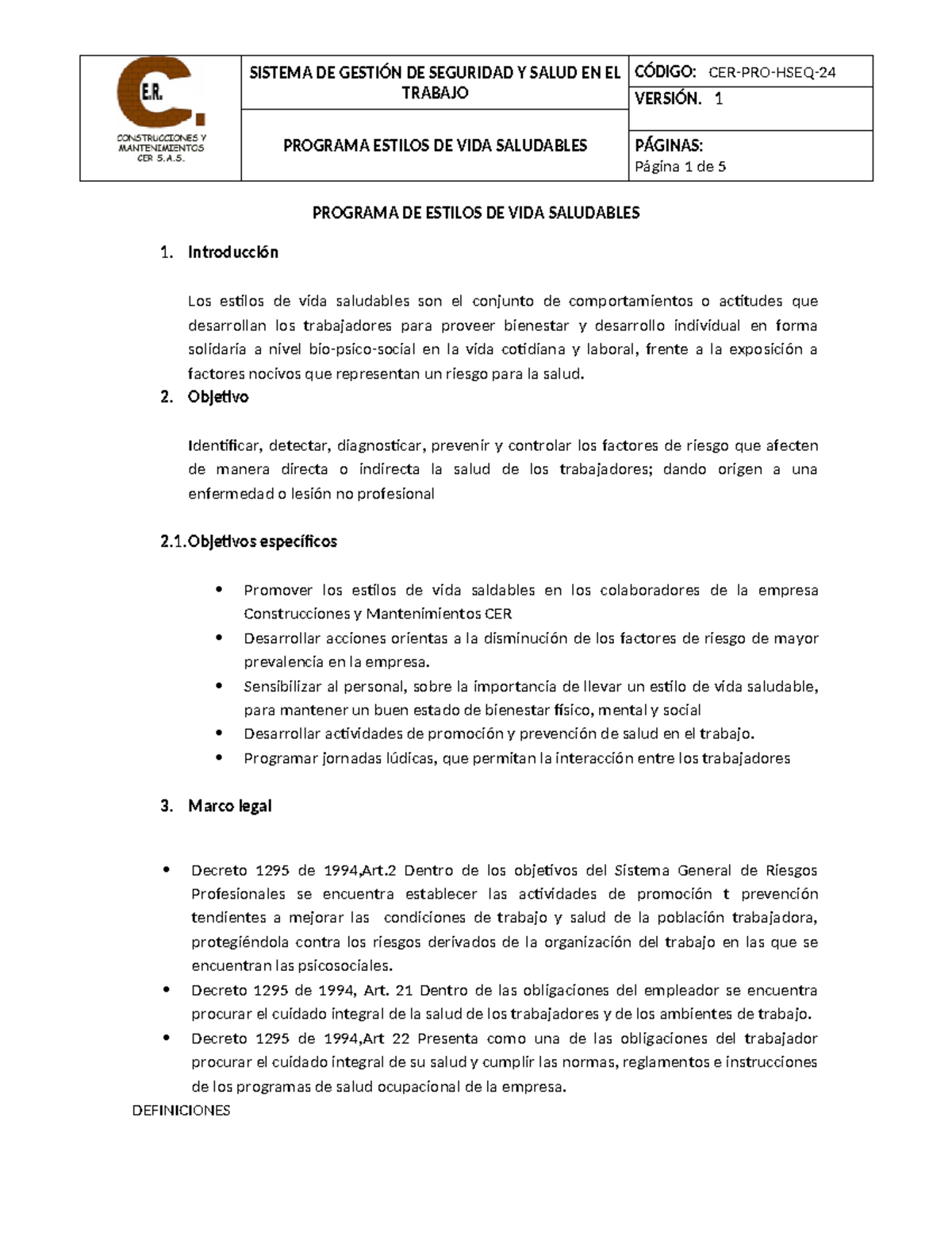 Programa Estilos DE VIDA Saludables - TRABAJO VERSIÓN. 1 PROGRAMA ...