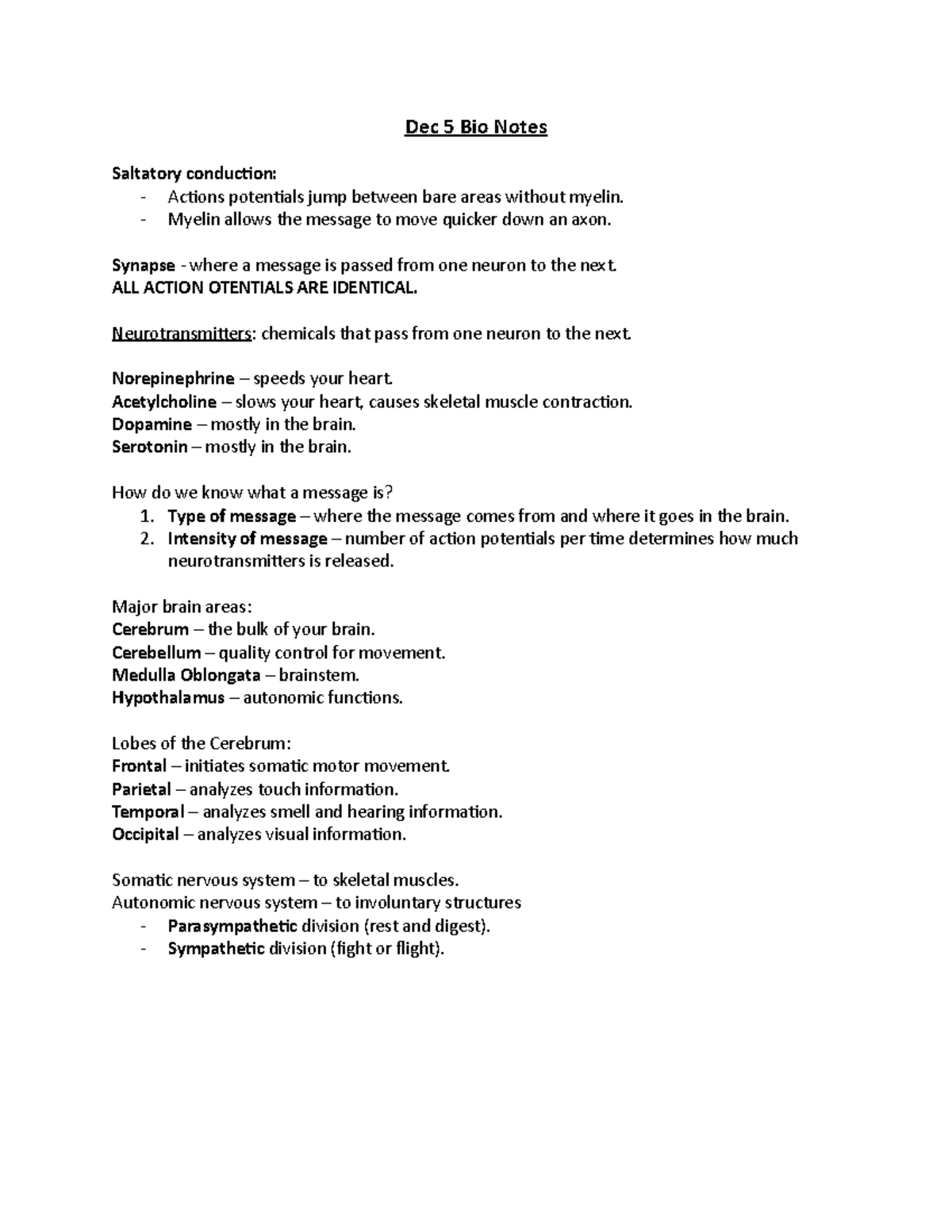 Bio 101 Lecture Notes: December 5 - Neurotransmitters & Brain Areas ...