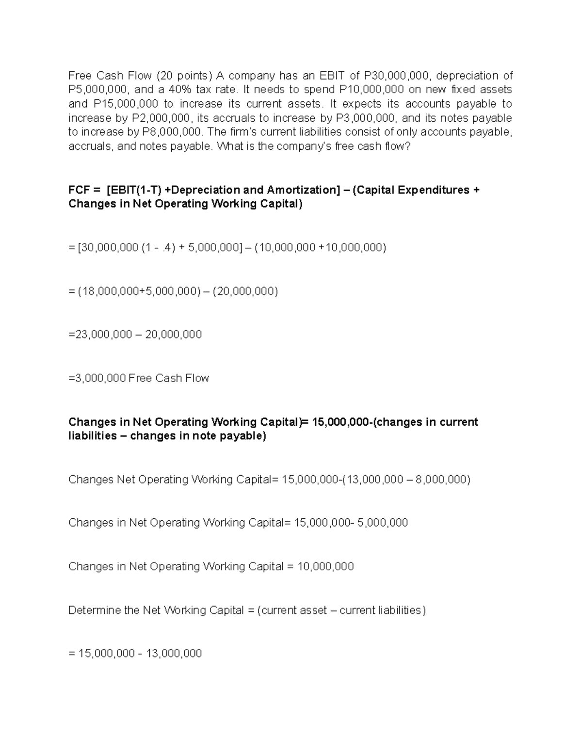 Free Cash Flow Calculation - Financial Analysis Exam (FIN 301) - Studocu