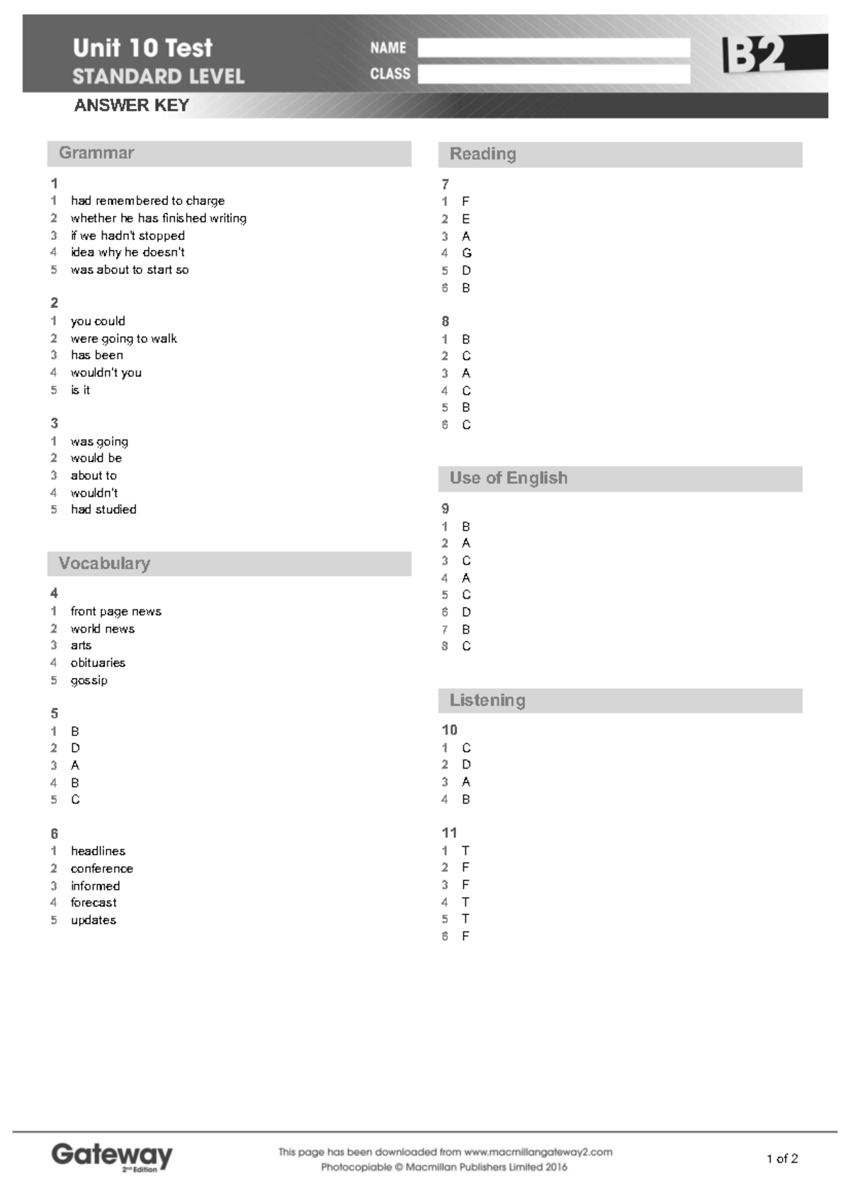 Grammar 1 UNIT 10 Test Answer Key - Studocu