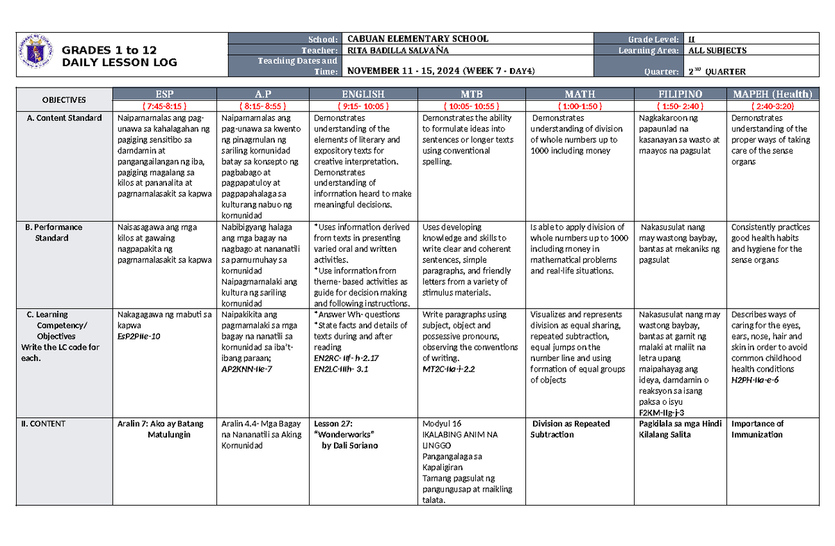 DLL ALL Subjects 2 Q2 W7 D4 - GRADES 1 to 12 DAILY LESSON LOG School ...