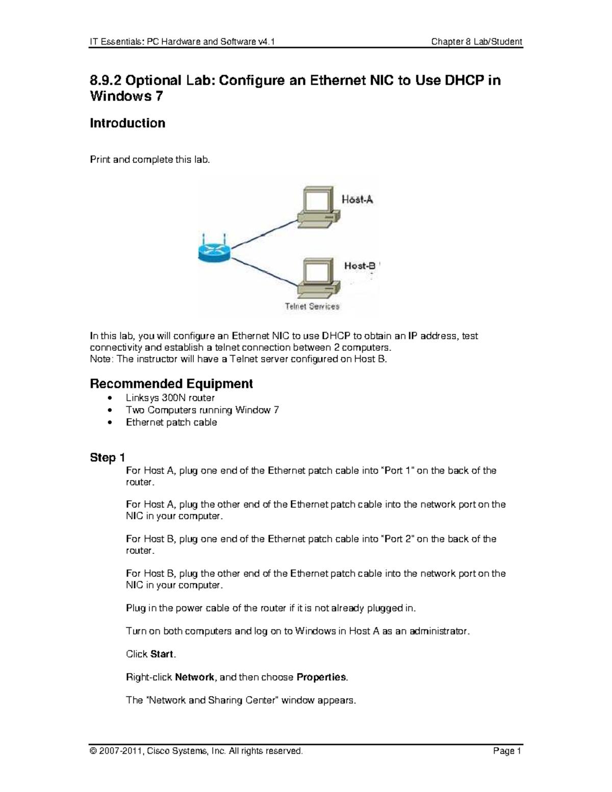 IT Essentials: PC Hardware & Software v4.1 Lab 8.9.2 - Configure DHCP ...
