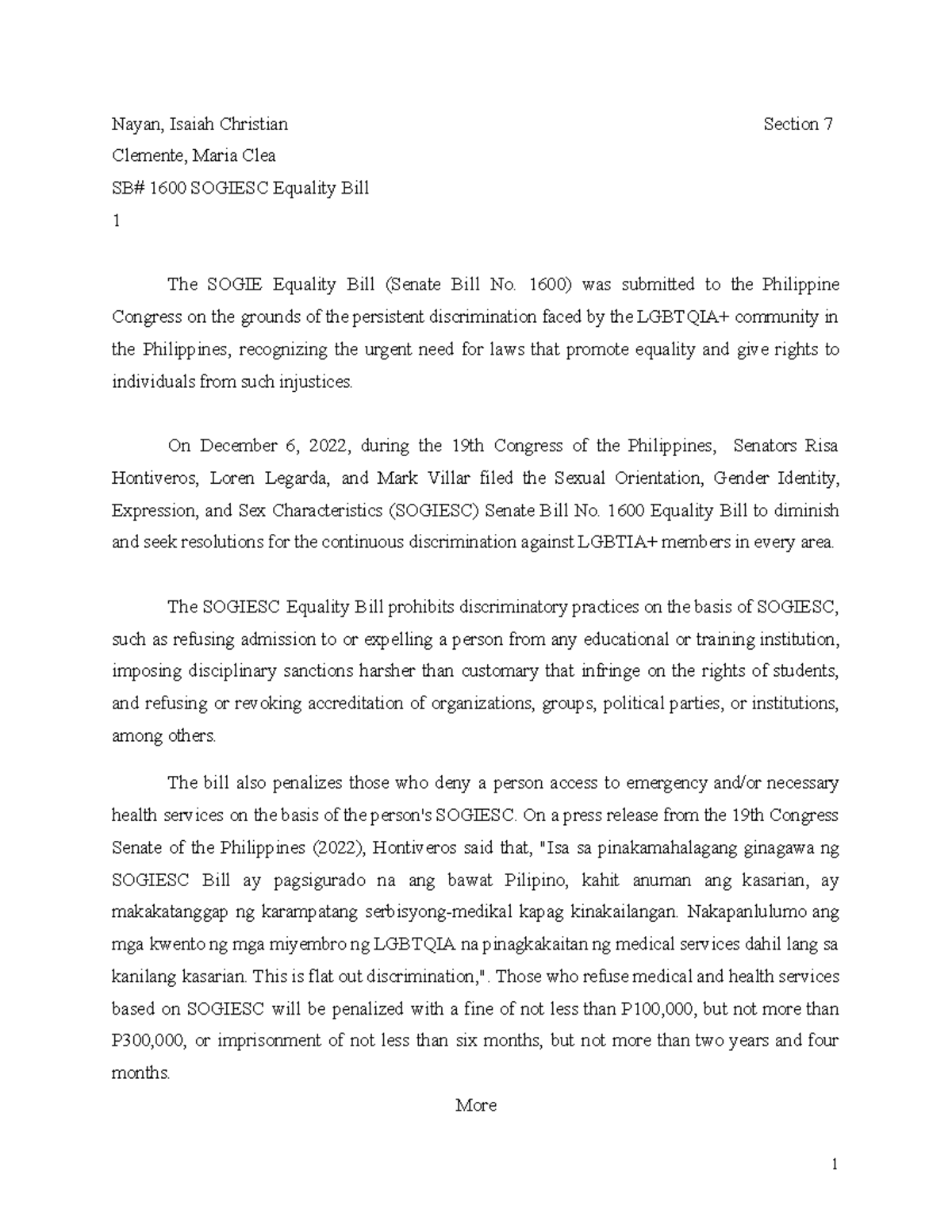 SOGIESC Equality Bill 1600: Addressing Discrimination in the ...