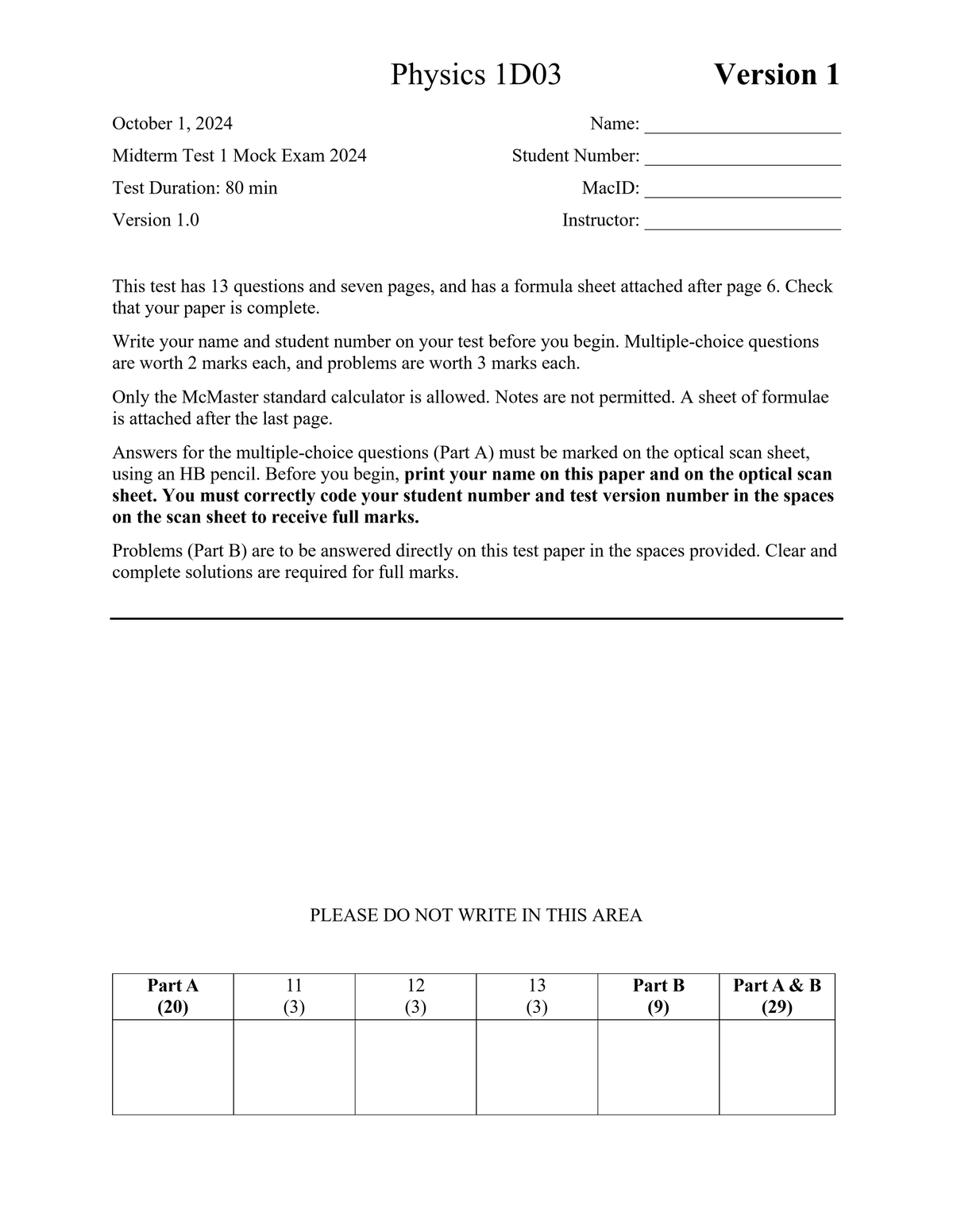 Mock Exam 1D03 - Physics Midterm Test 2024 - Studocu