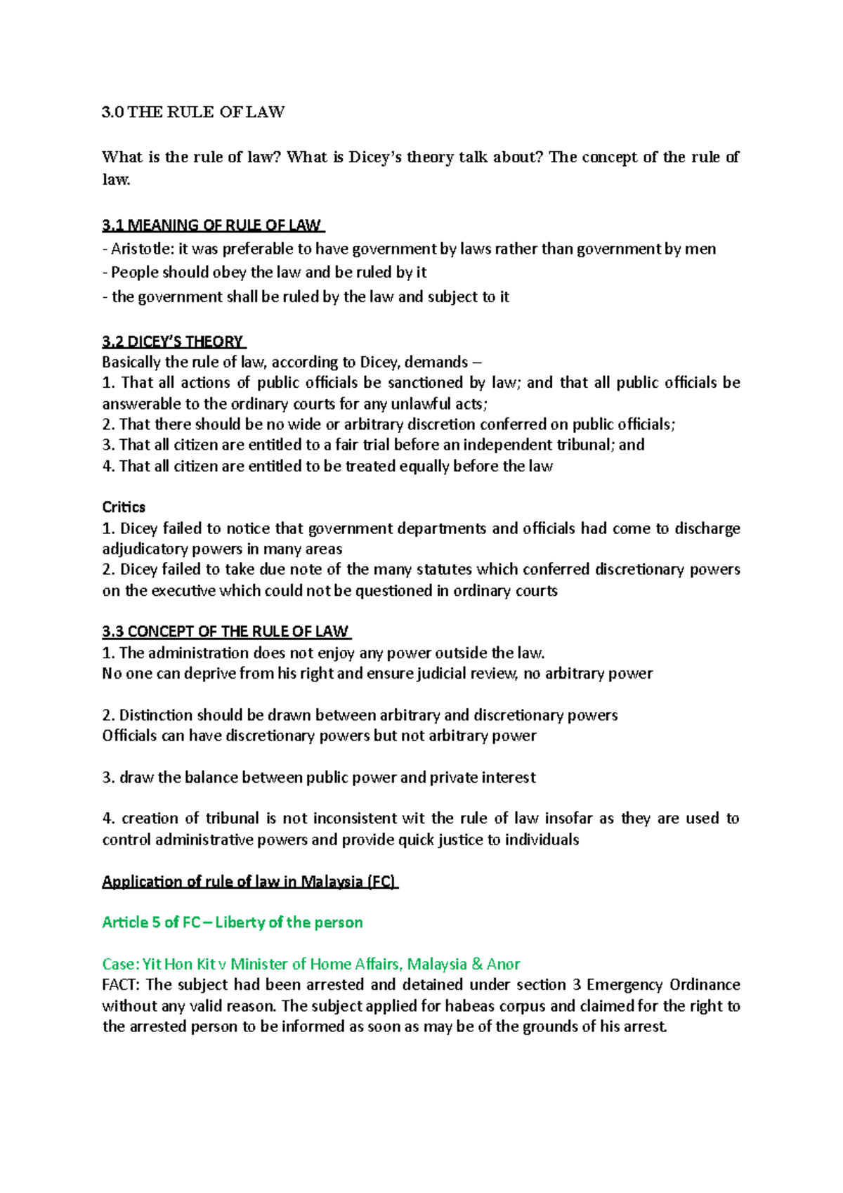 Topic 3: Rule of Law - Lecture Notes on Dicey's Theory & Applications ...