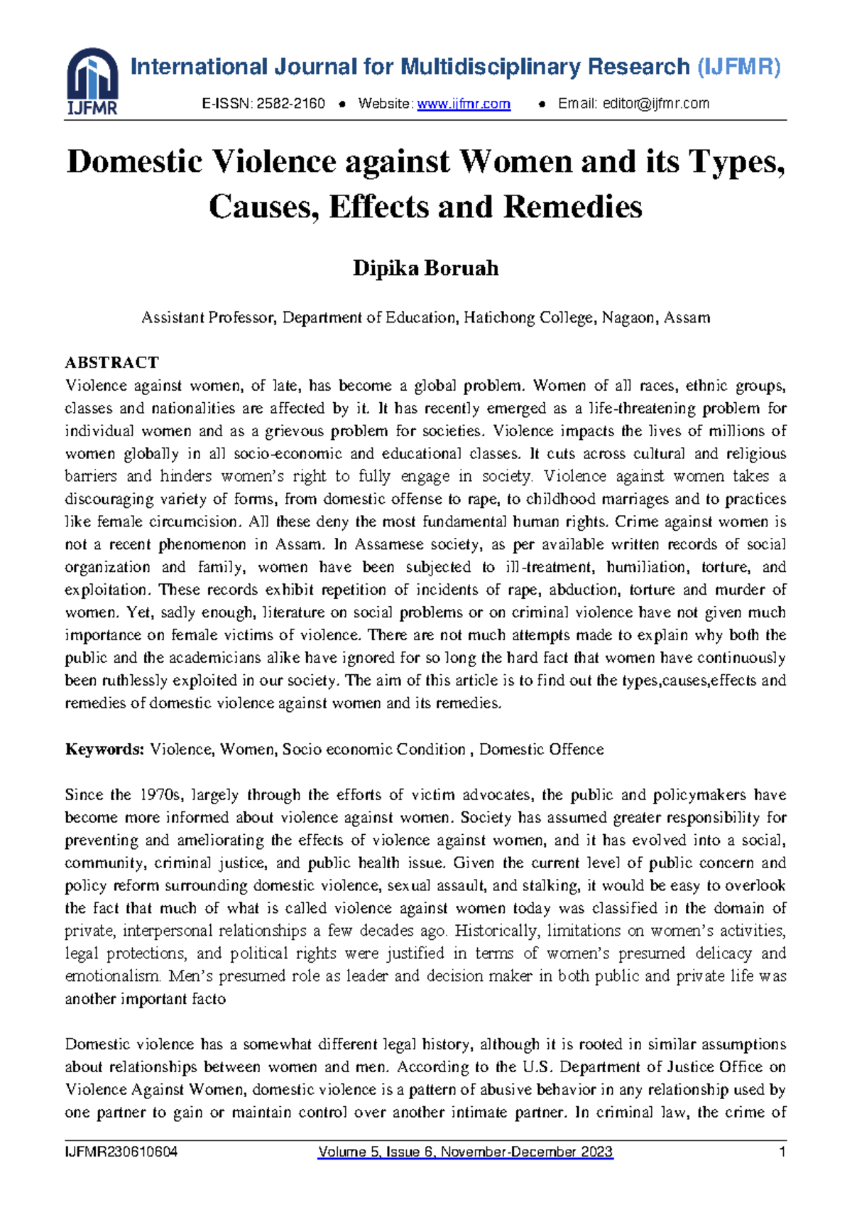 IJFMR230610604: Domestic Violence Against Women - Types, Causes, and ...