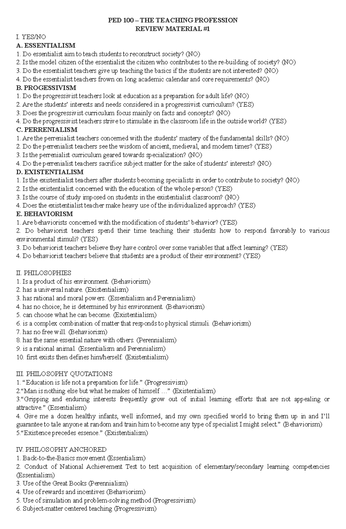 PED-100: Teaching Philosophies Review Material and Guidelines - Studocu