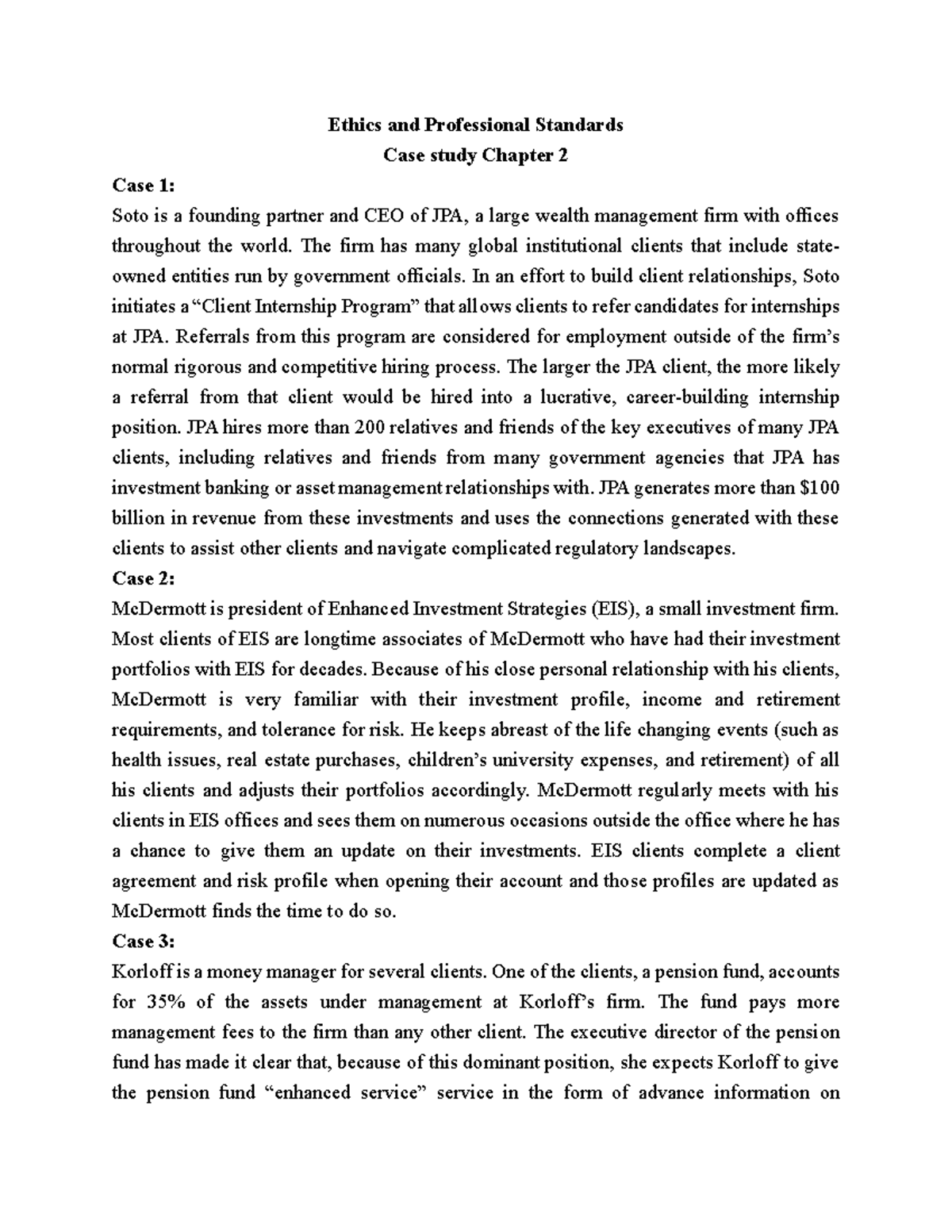 Ethics and Professional Standards - Case Study Ch. 2 Analysis - Studocu