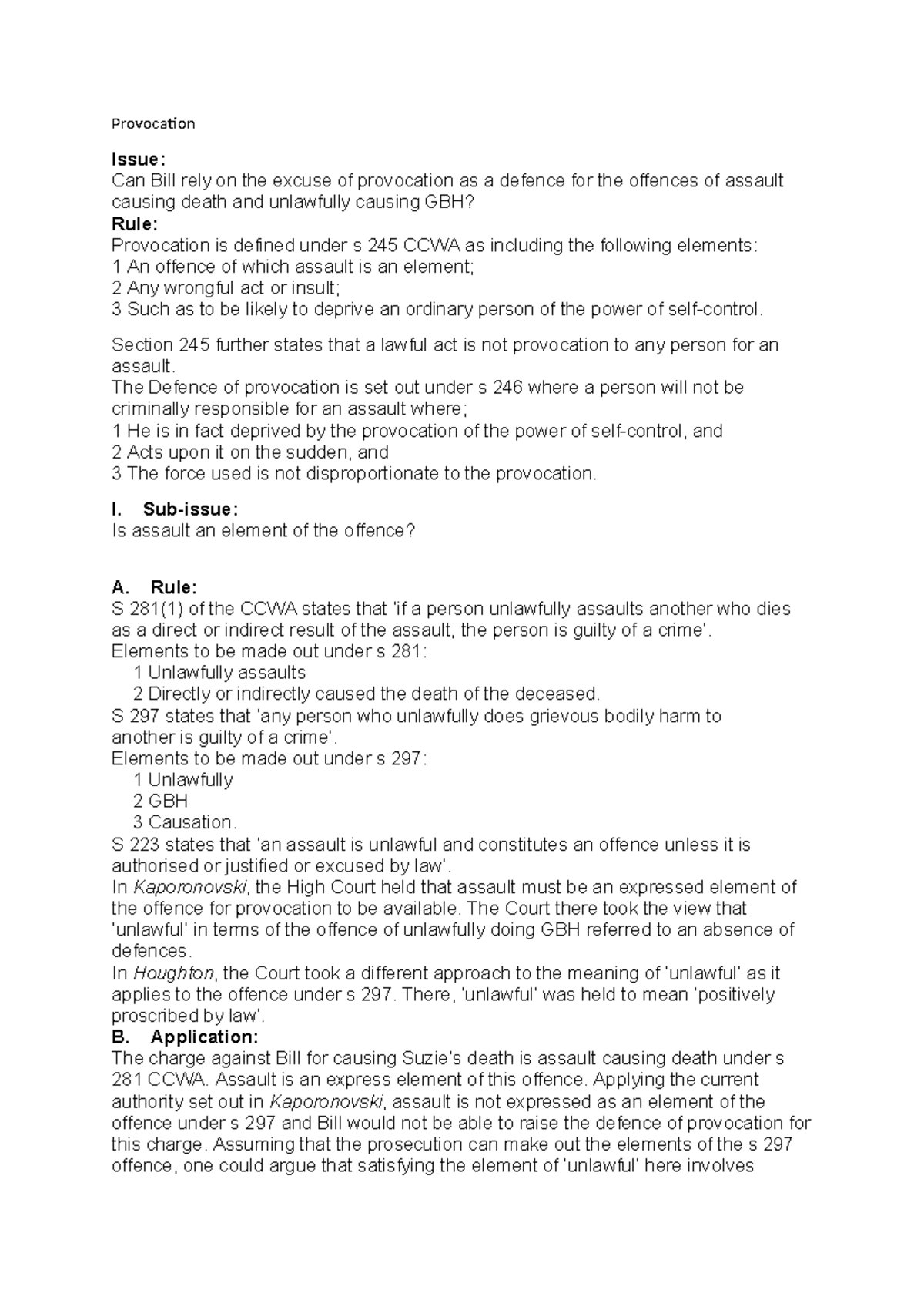 LAW1214 Tutorial Answers: Provocation and Defences in Assault Cases ...