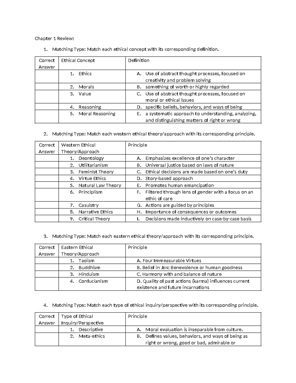 Chapter 1 Review for students - Chapter 1 Review: 1. Matching Type ...