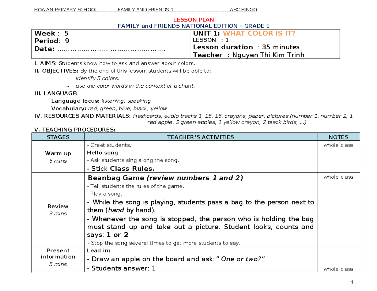 Grade 1 - NNA Unit 1 Lesson Plans: Colors, Numbers, and Letters - Studocu