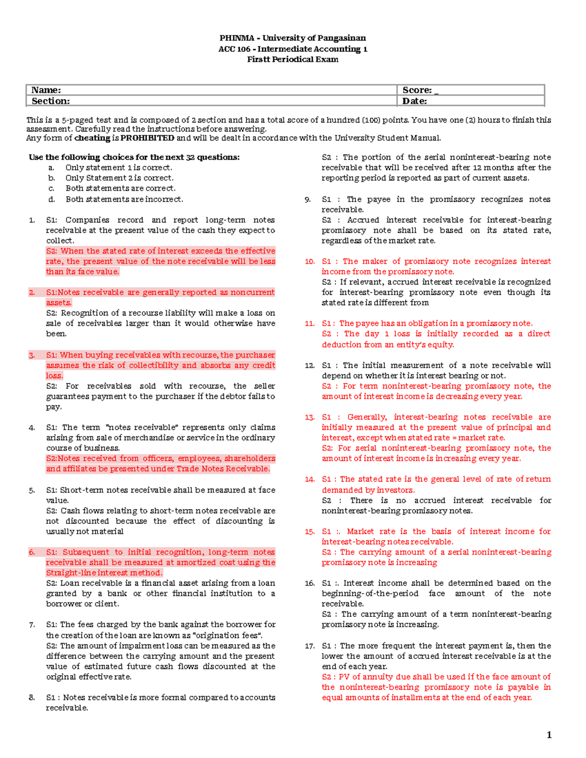 PHINMA University of Pangasinan ACC 106 Intermediate Accounting 1 First ...