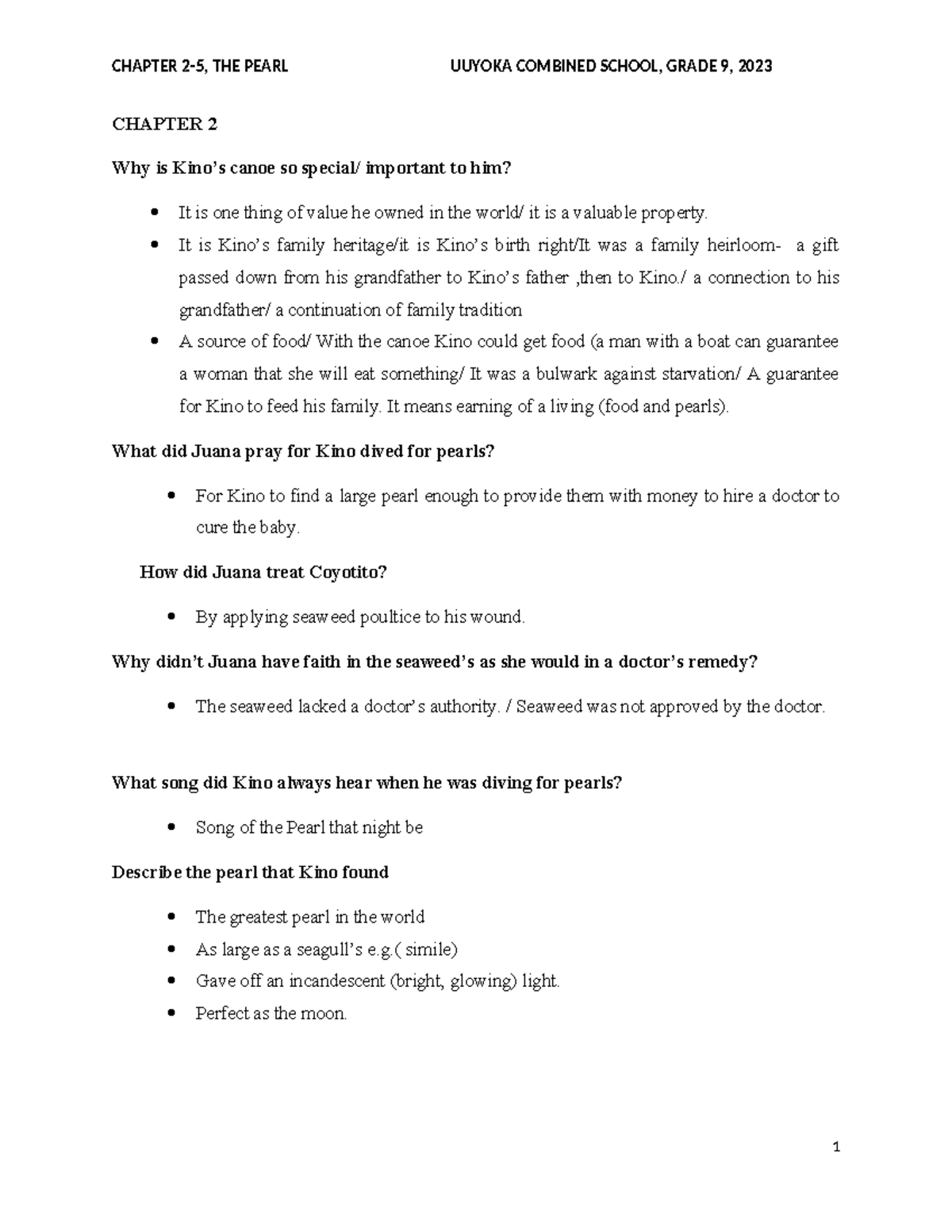 CHAPTER 2-5 THEMES OF THE PEARL UUYOKA COMBINED SCHOOL, GRADE 9, 2023 ...