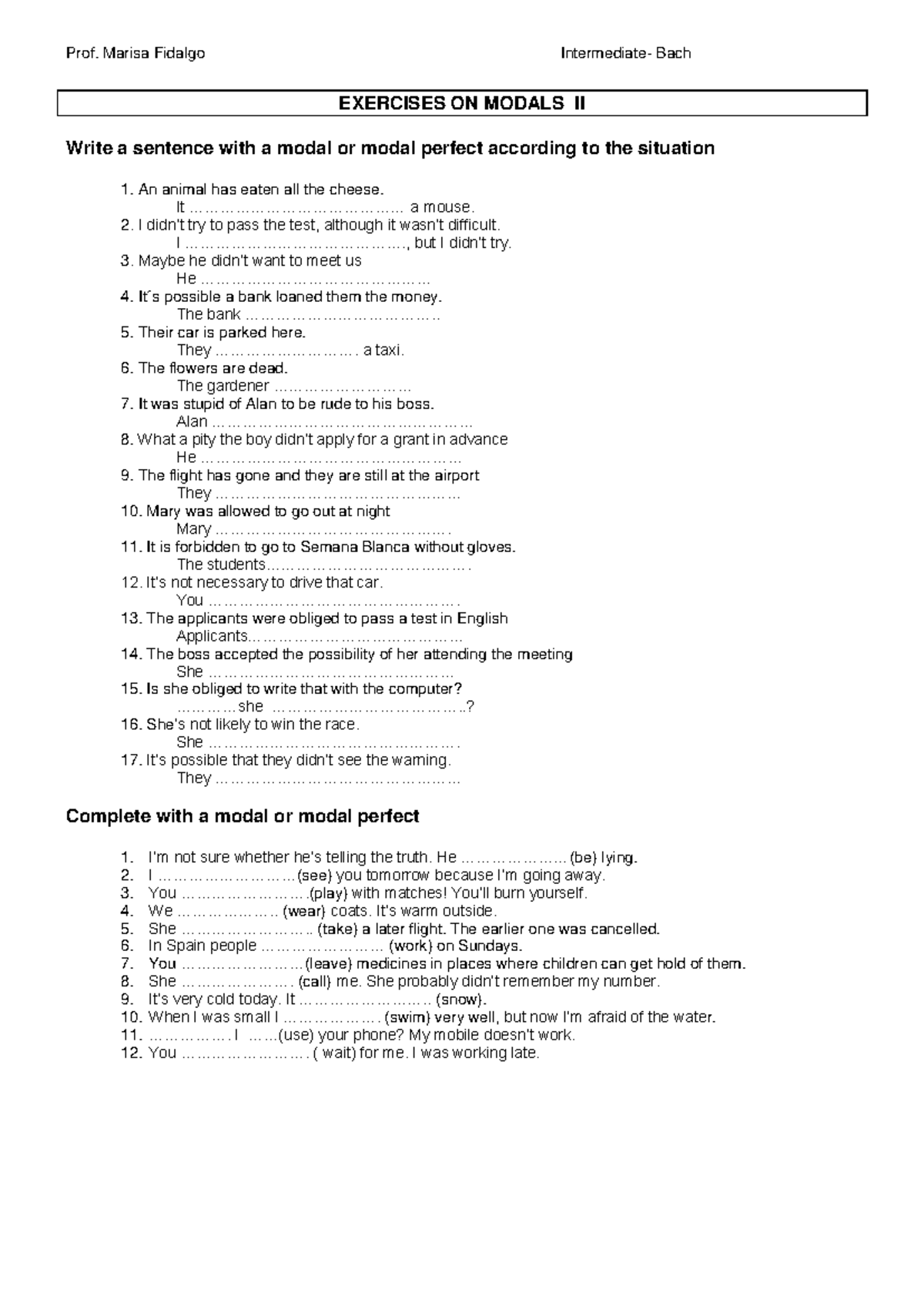 Modals Practice Exercises for 2º Bach - Homework - Studocu