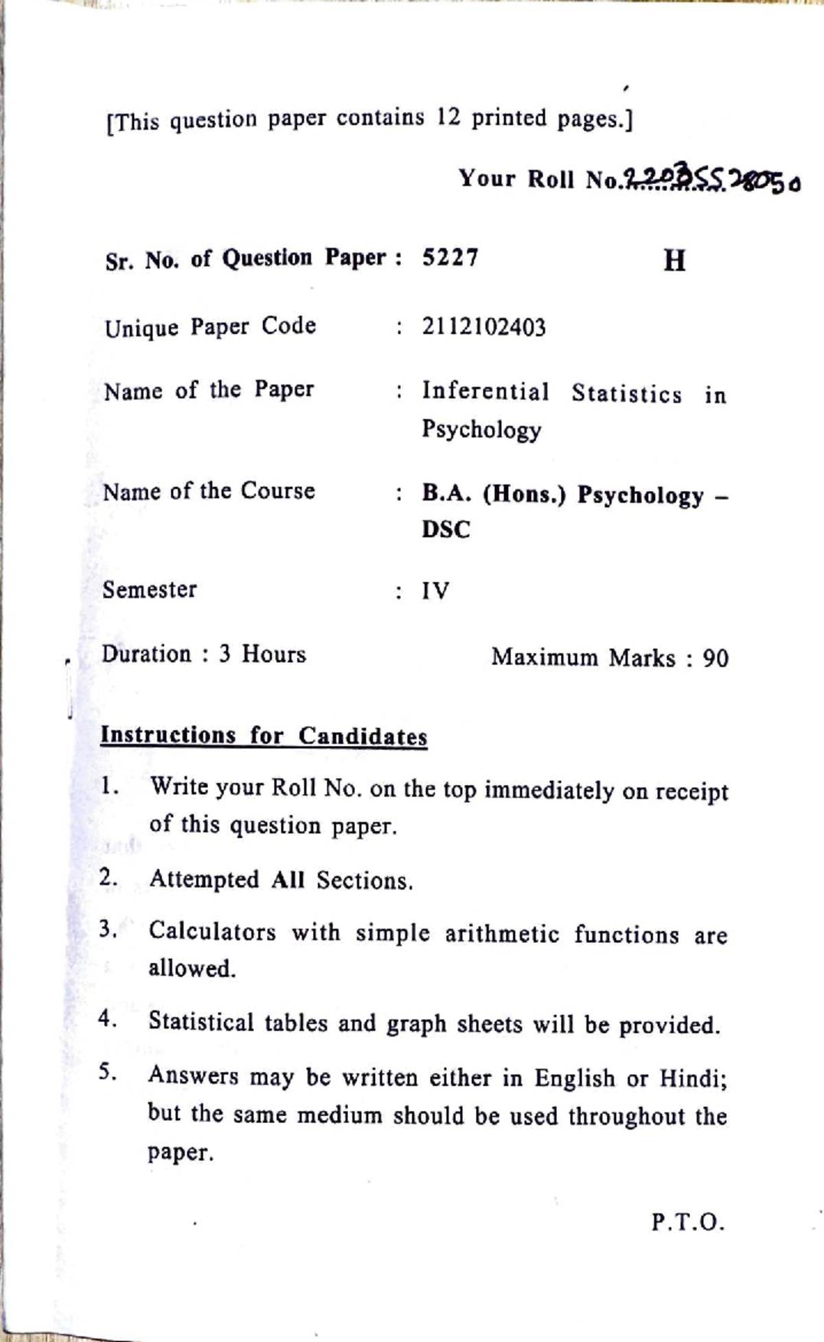 B.A. (Hons.) Psychology IV Sem: Inferential Statistics Question Paper ...