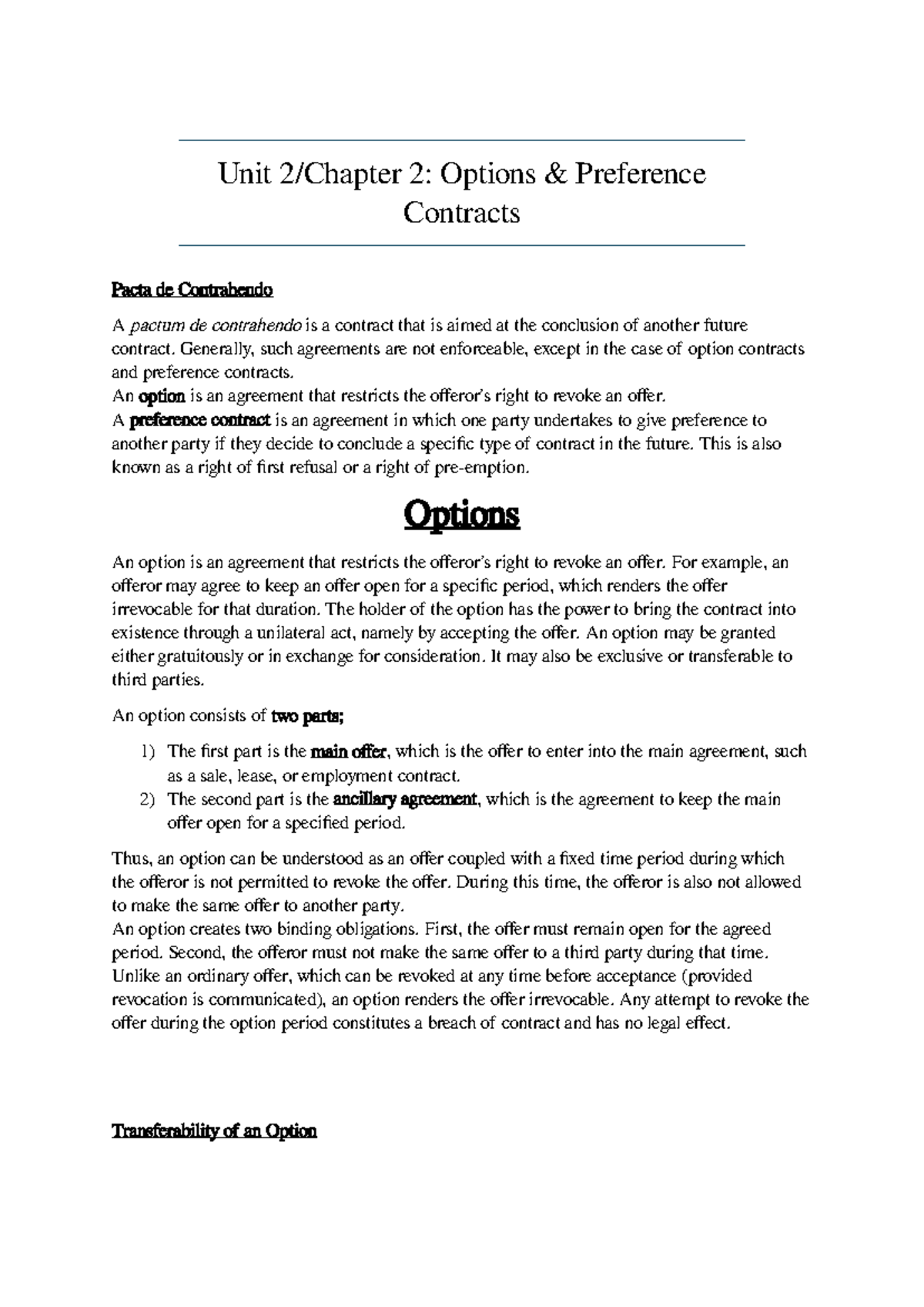Unit 2: Options & Preference Contracts Overview - Studocu