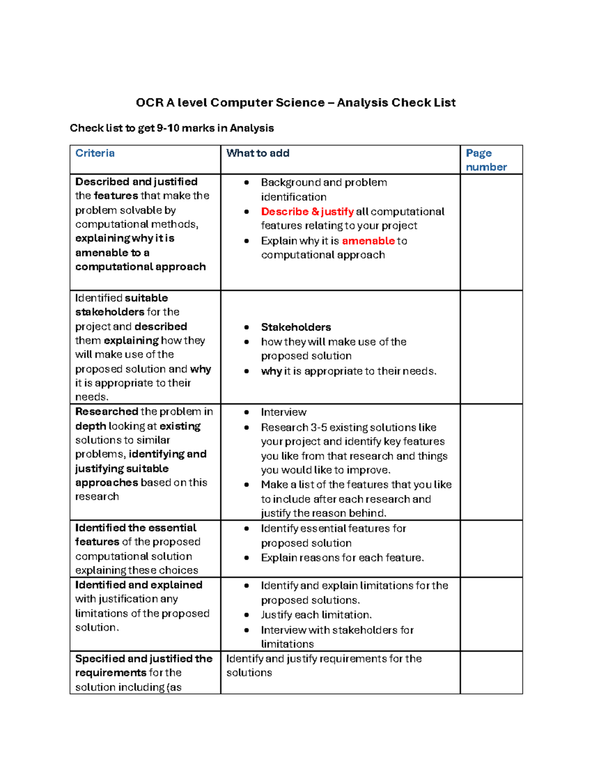 Analysis NEA Checklist for OCR A Level Computer Science - Studocu
