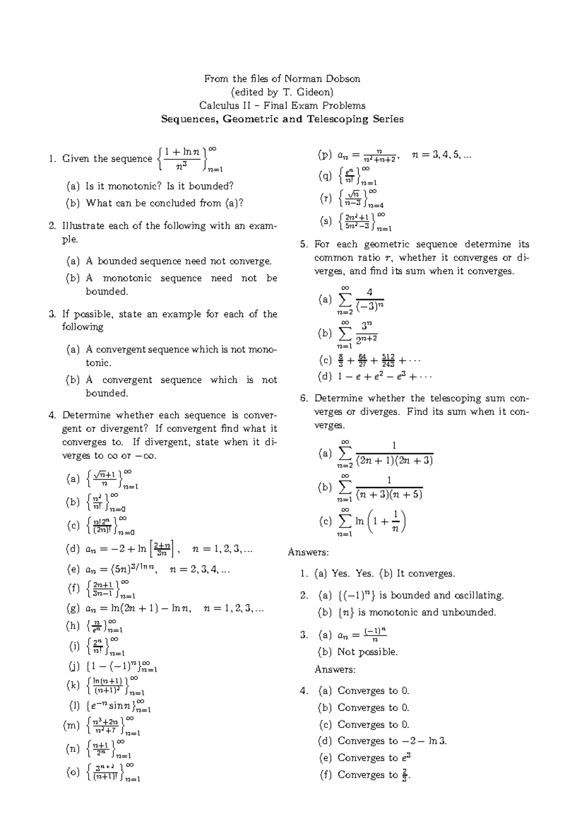 Sequences - NOTES. - From the files of Norman Dobson (edited by T ...