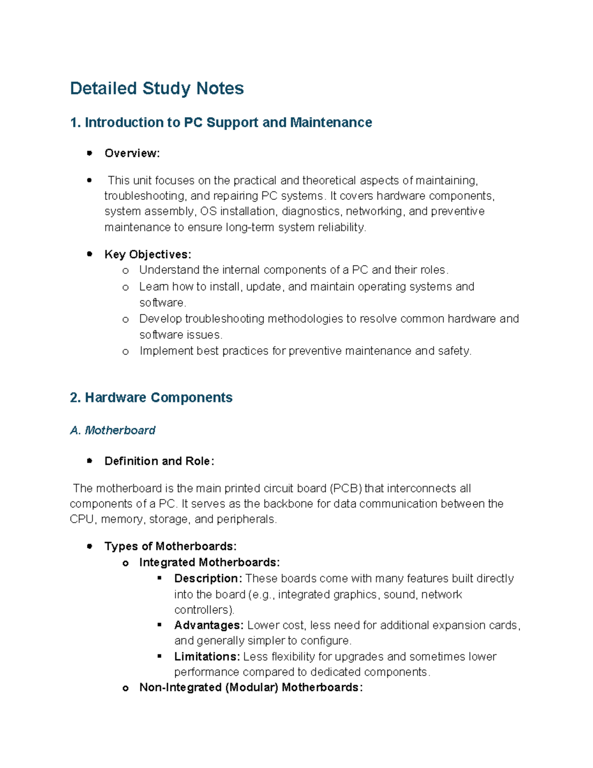 PC Support & Maintenance Study Notes for Elect. Engineering 101 - Studocu