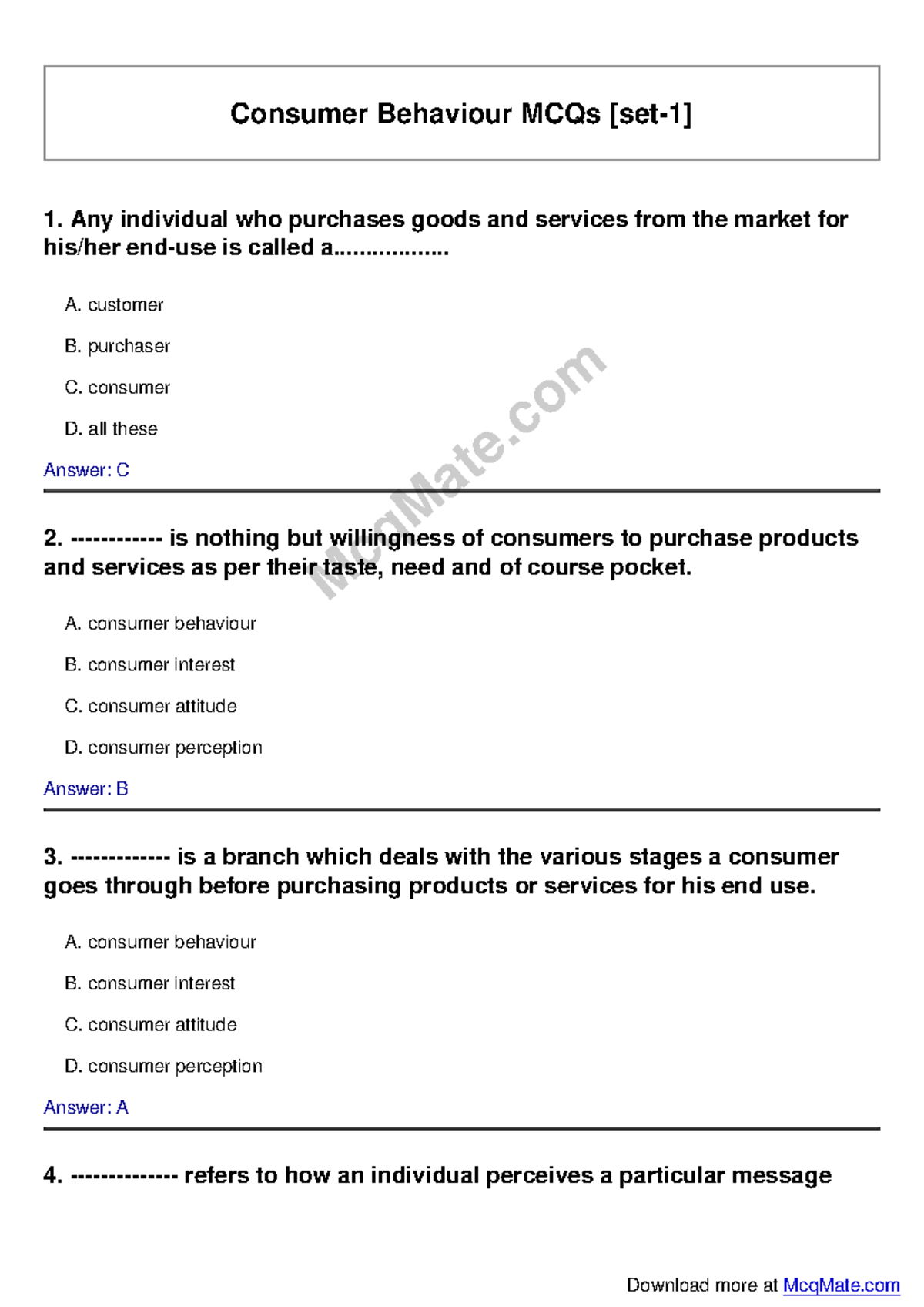 Consumer Behaviour MCQs [Set-1] - Study Guide with Answers - Studocu