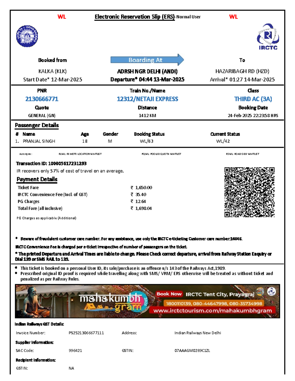 2130666771 - WL Electronic Reservation Slip for Netaji Express - Studocu